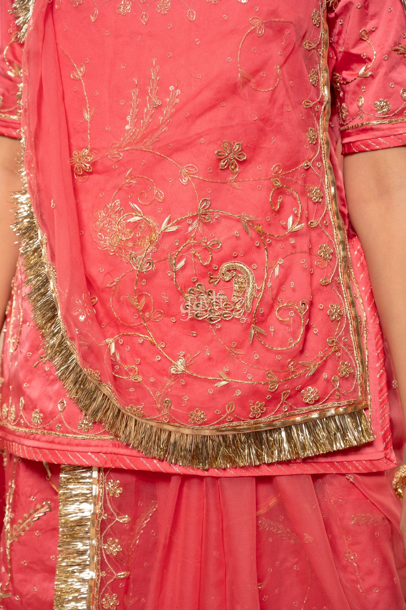 Gajri Pink Bamber Satin Zardozi Sequins Handwork  Poshak with Pure Odhana (unstitched)