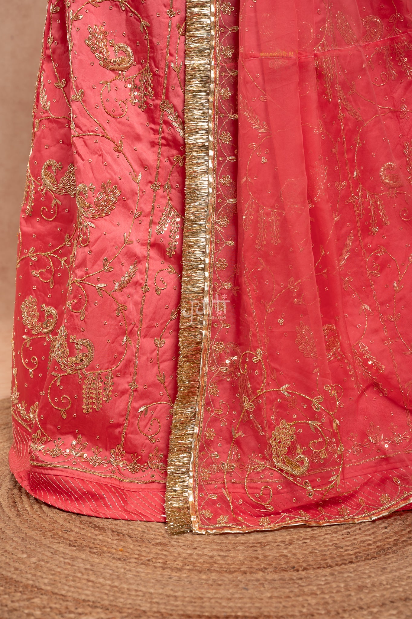 Gajri Pink Bamber Satin Zardozi Sequins Handwork  Poshak with Pure Odhana (unstitched)