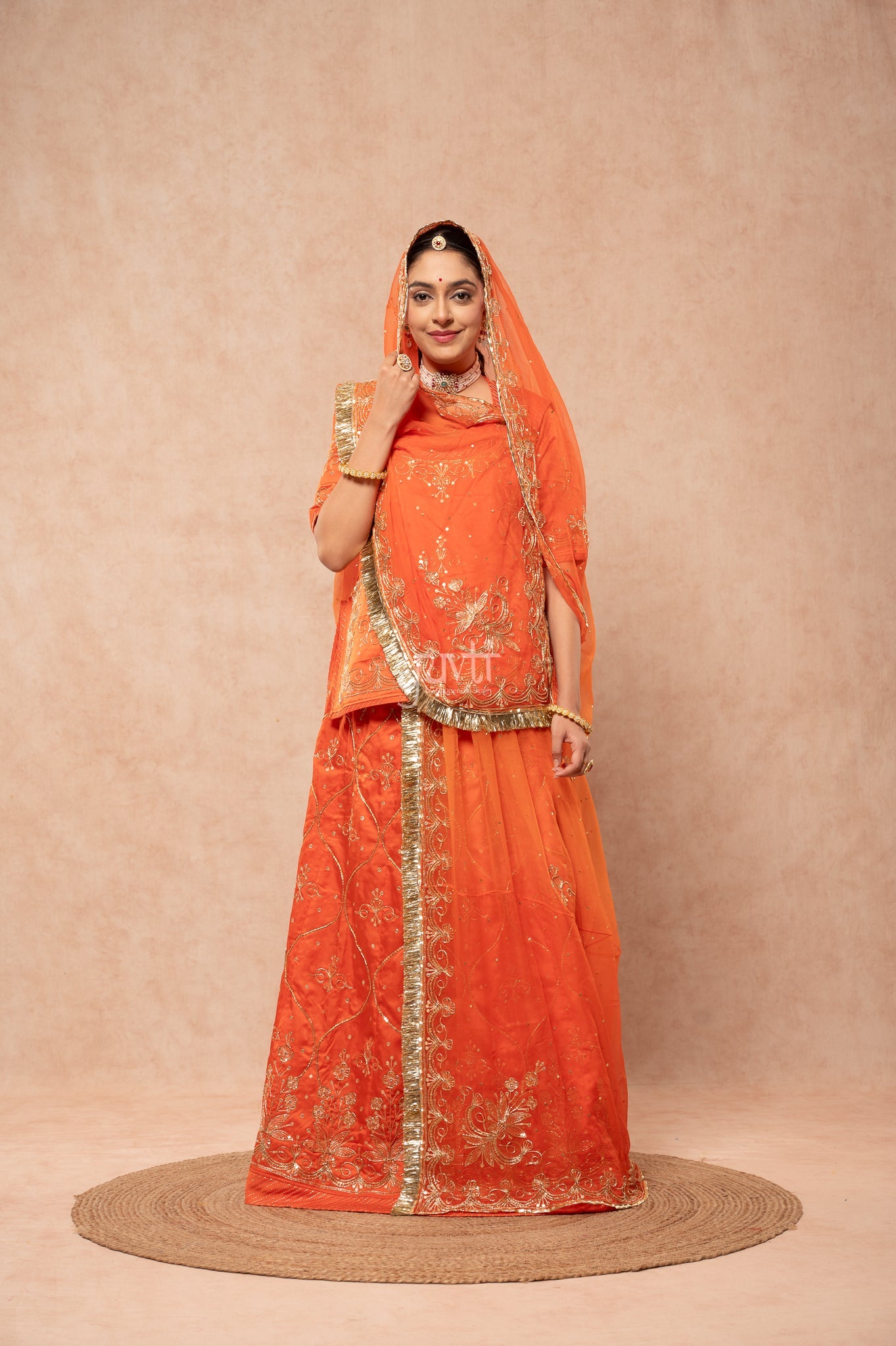 Orange Bamber Satin Aari Zardozi Sequins Handwork  Poshak with Pure Odhana (unstitched)