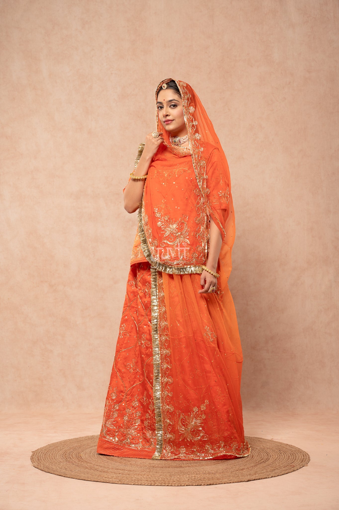 Orange Bamber Satin Aari Zardozi Sequins Handwork  Poshak with Pure Odhana (unstitched)
