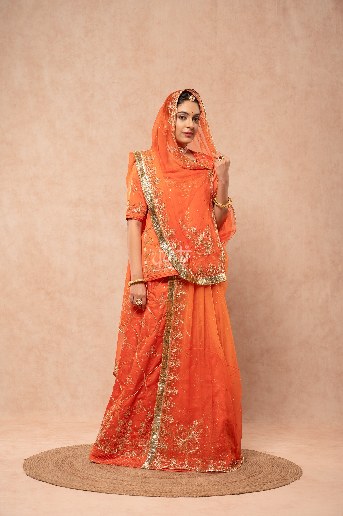 Orange Bamber Satin Aari Zardozi Sequins Handwork  Poshak with Pure Odhana (unstitched)