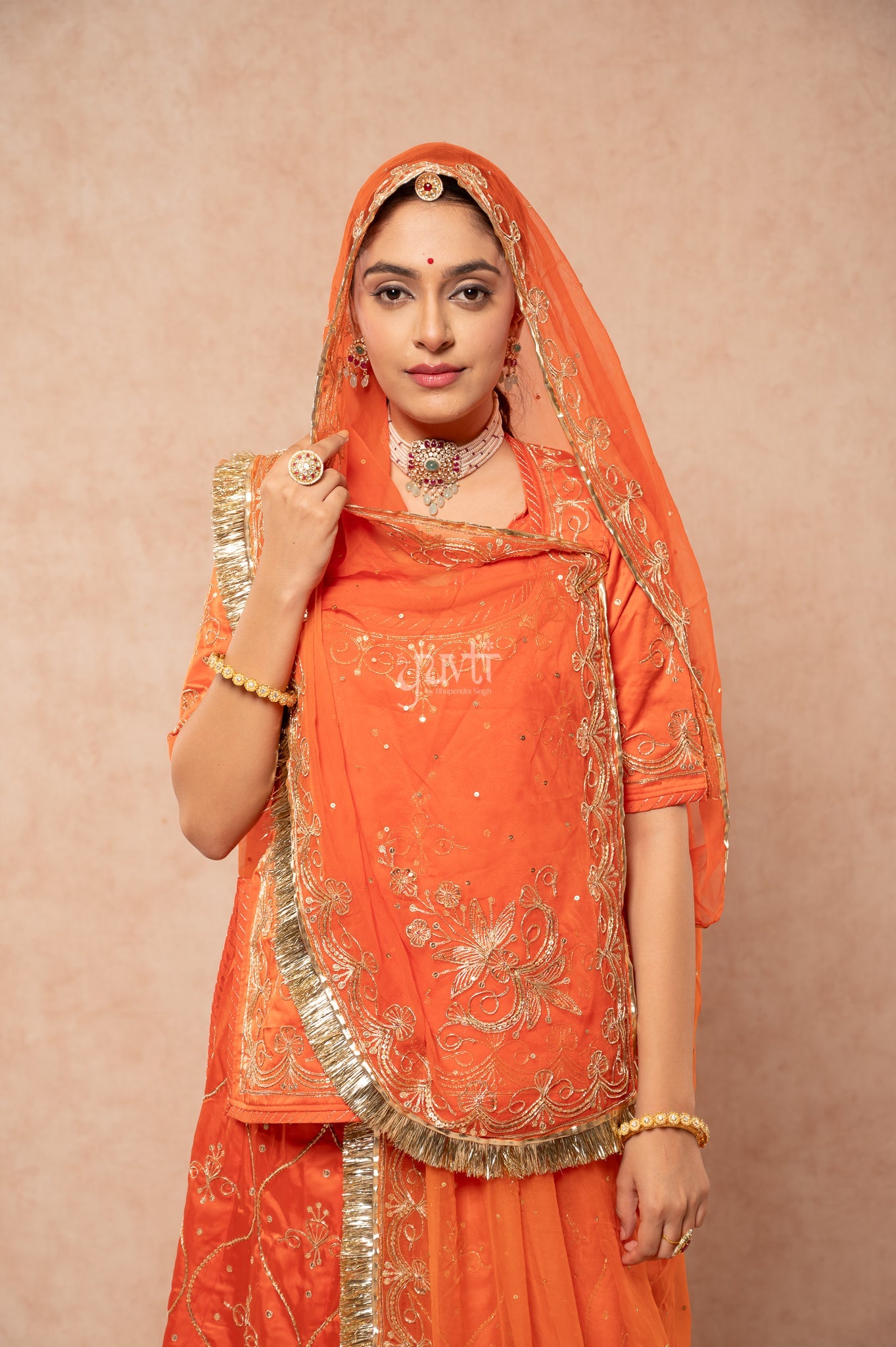 Orange Bamber Satin Aari Zardozi Sequins Handwork  Poshak with Pure Odhana (unstitched)