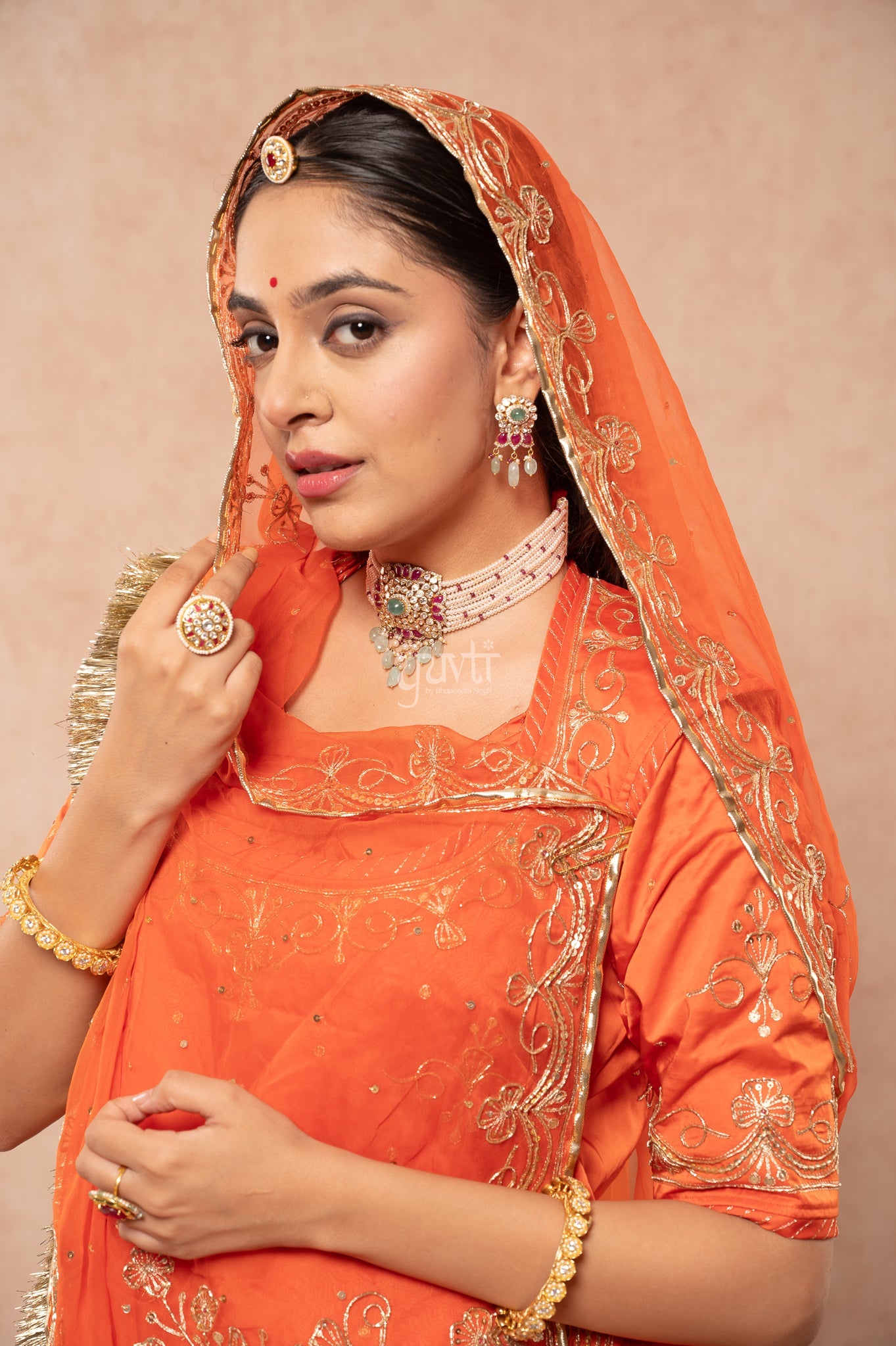 Orange Bamber Satin Aari Zardozi Sequins Handwork  Poshak with Pure Odhana (unstitched)