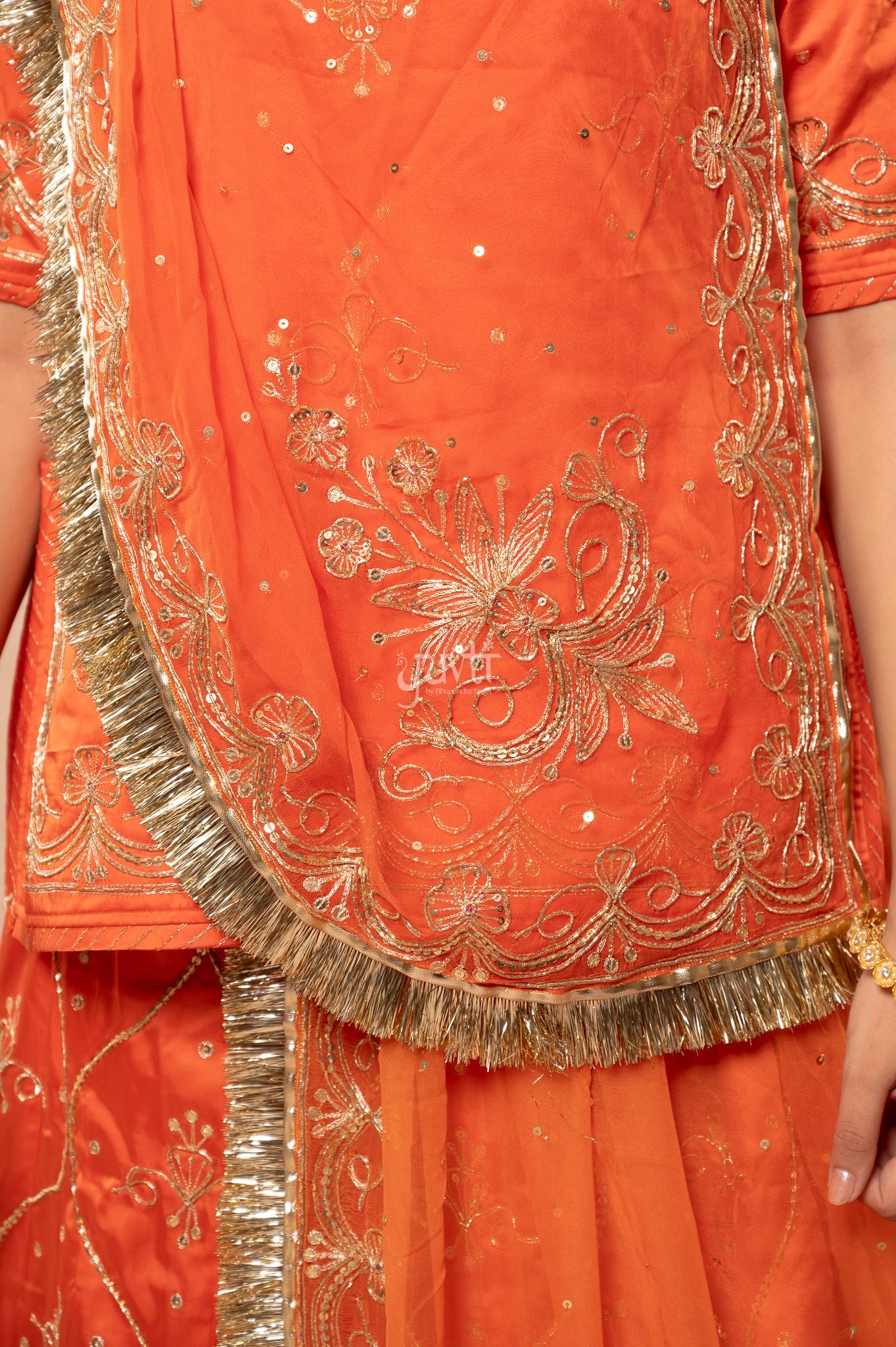 Orange Bamber Satin Aari Zardozi Sequins Handwork  Poshak with Pure Odhana (unstitched)