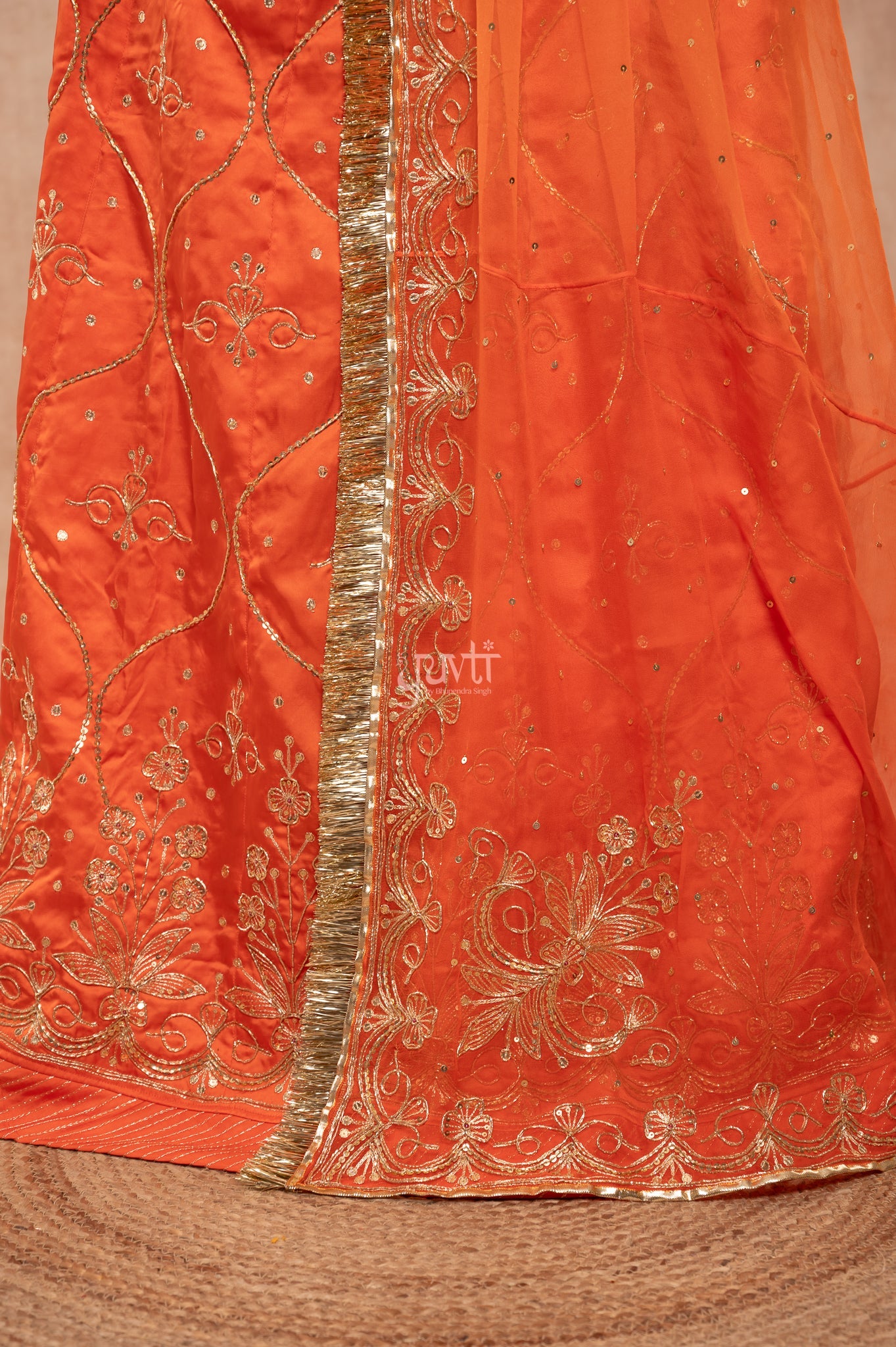 Orange Bamber Satin Aari Zardozi Sequins Handwork  Poshak with Pure Odhana (unstitched)