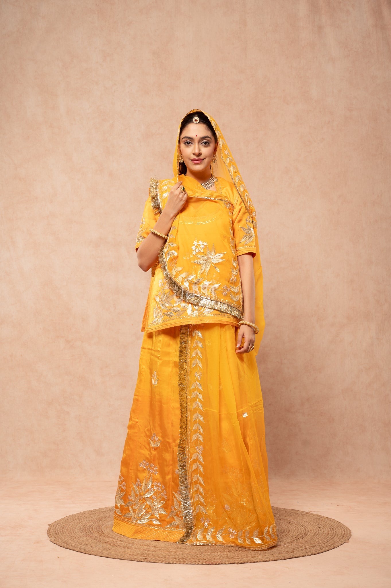 Yellow Bamber Satin Sikhiya Gotta Pitan work   Poshak with Pure Odhana (unstitched)