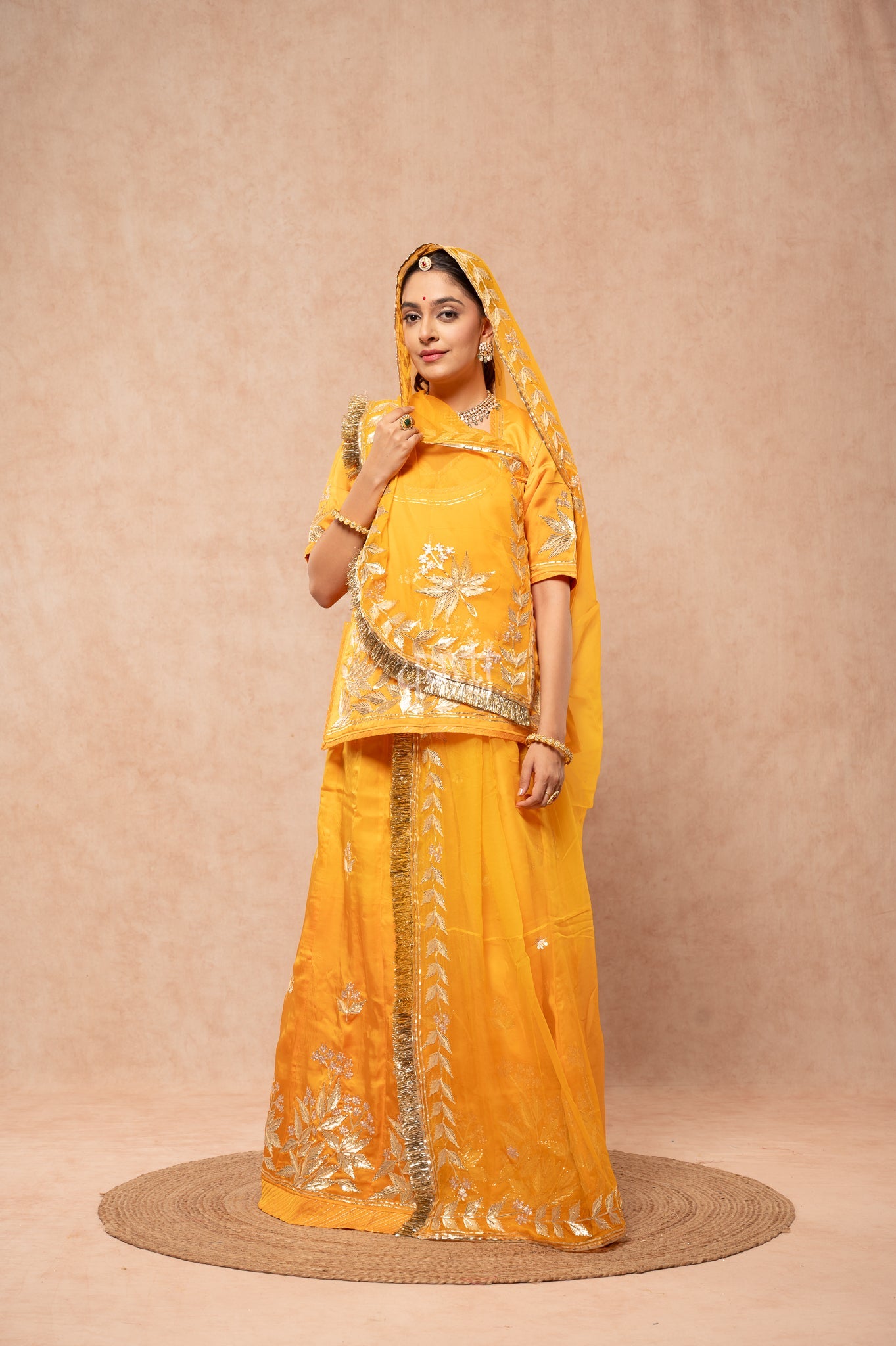 Yellow Bamber Satin Sikhiya Gotta Pitan work   Poshak with Pure Odhana (unstitched)