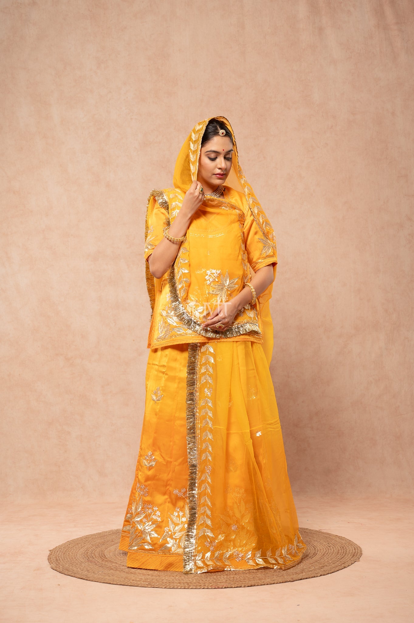 Yellow Bamber Satin Sikhiya Gotta Pitan work   Poshak with Pure Odhana (unstitched)