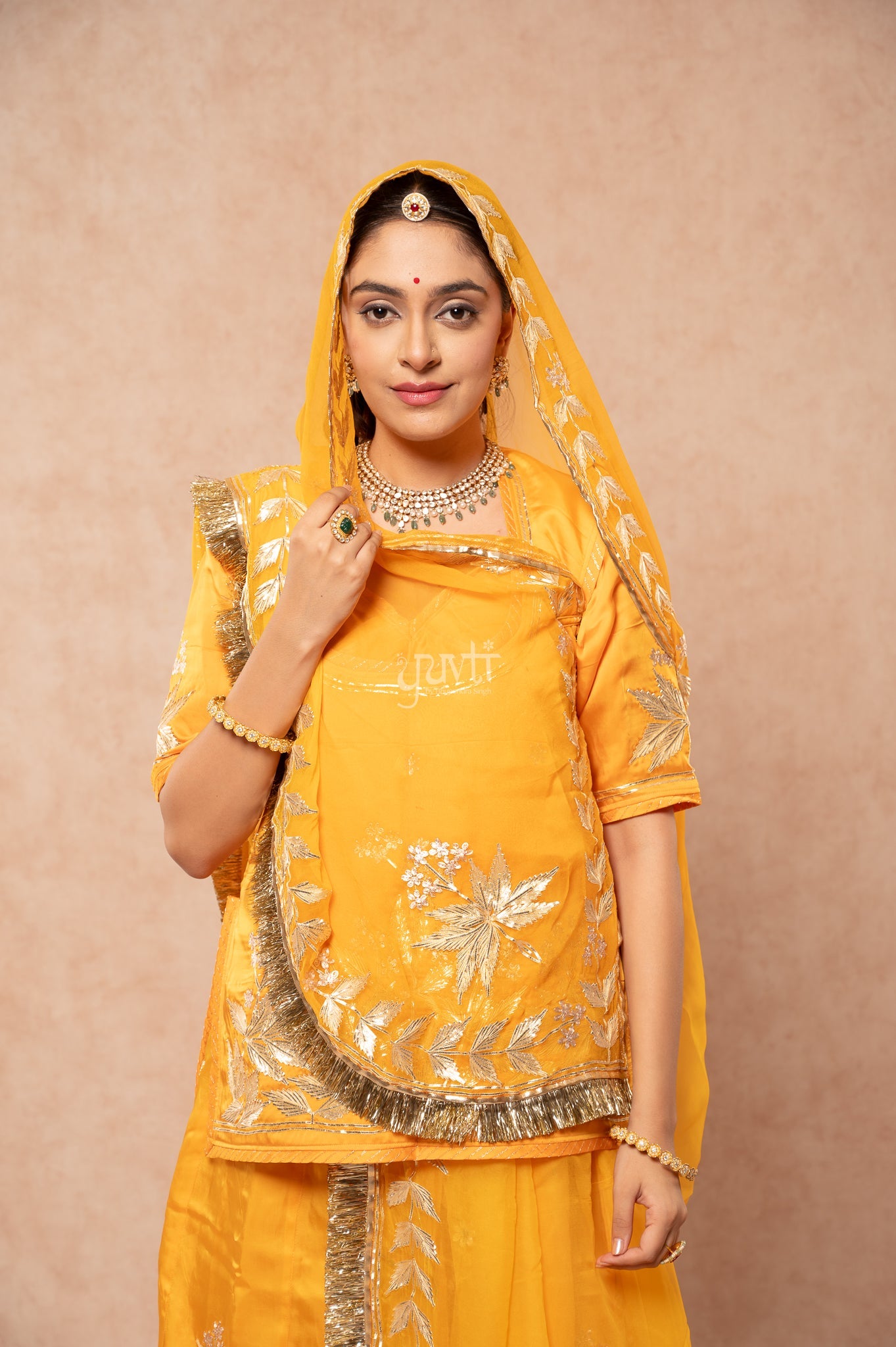 Yellow Bamber Satin Sikhiya Gotta Pitan work   Poshak with Pure Odhana (unstitched)