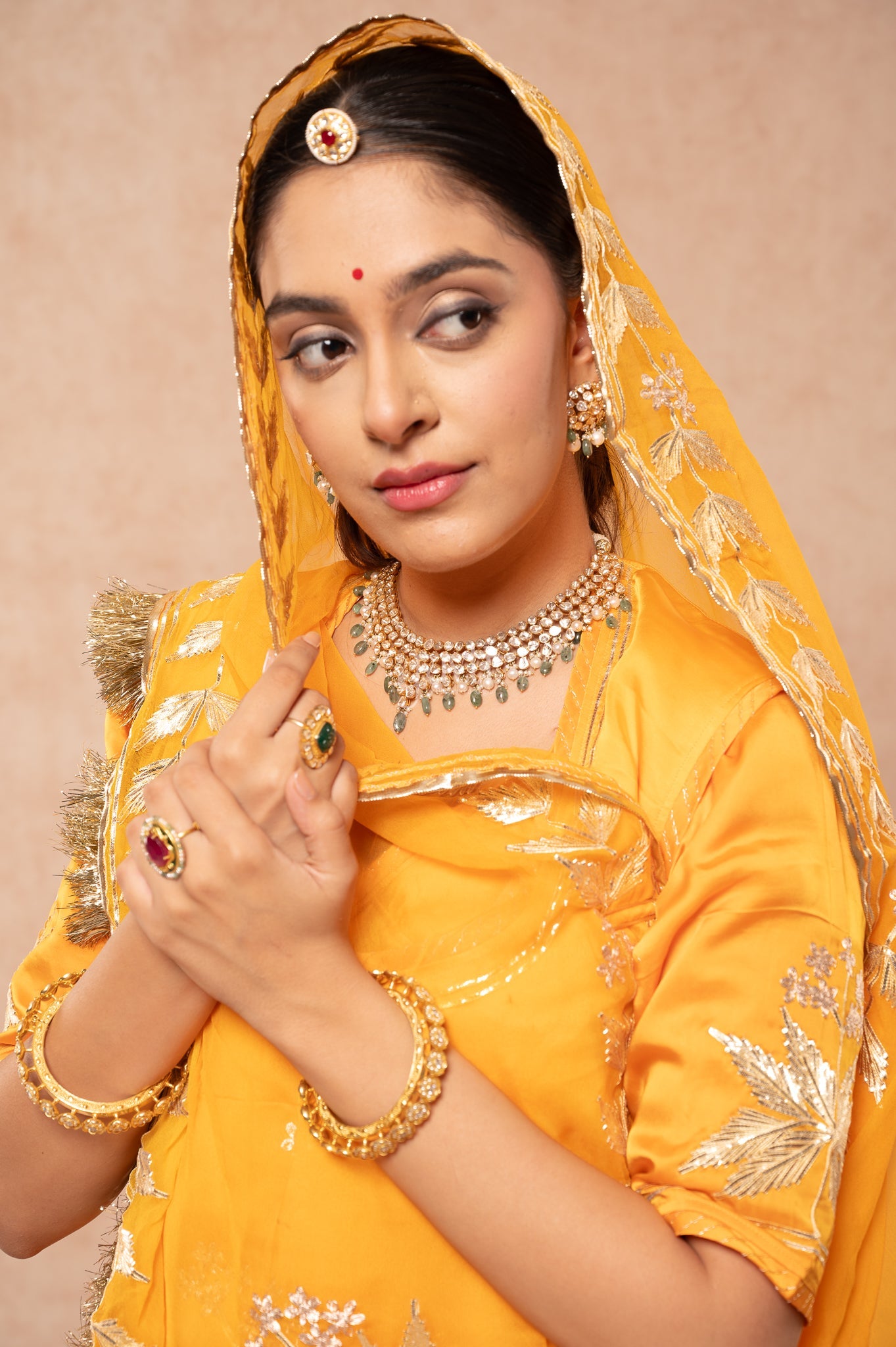 Yellow Bamber Satin Sikhiya Gotta Pitan work   Poshak with Pure Odhana (unstitched)