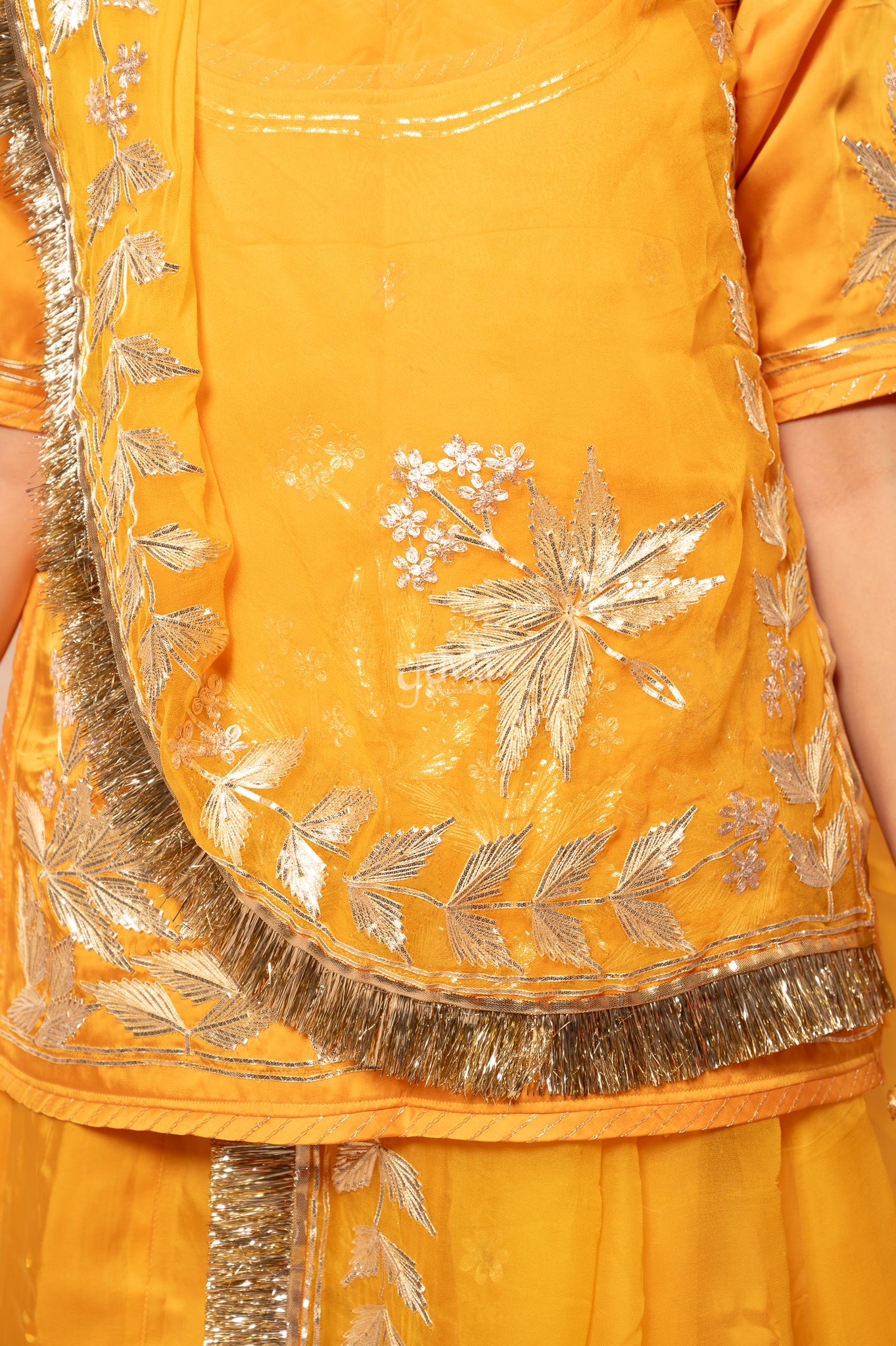 Yellow Bamber Satin Sikhiya Gotta Pitan work   Poshak with Pure Odhana (unstitched)