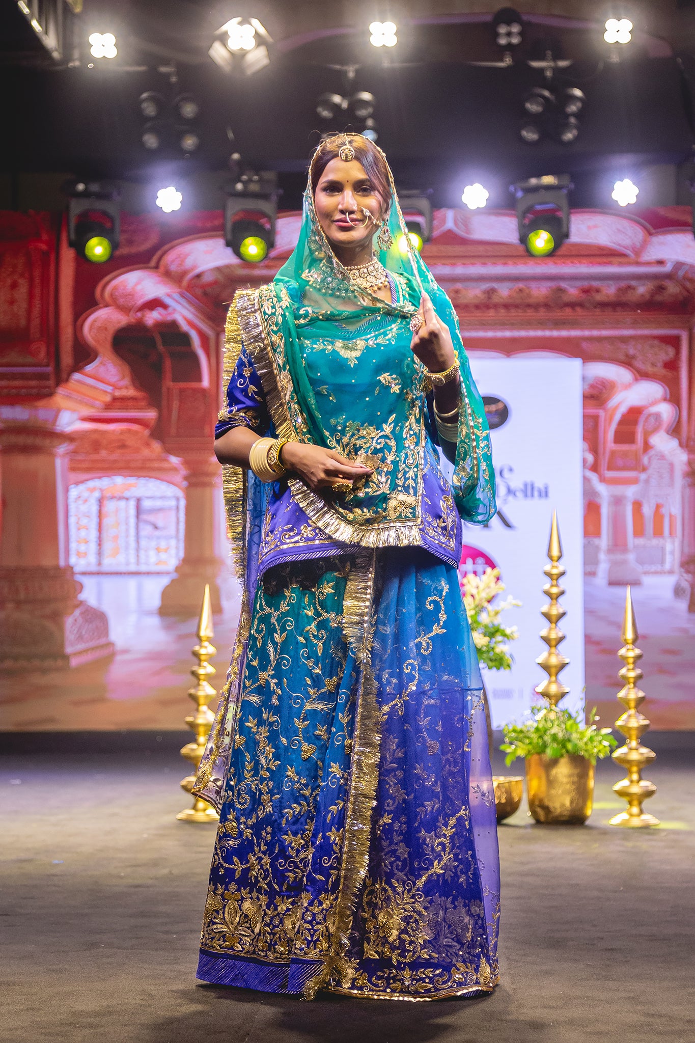 Peacock Shaded Pure Satin Aari Tari Zardozi  Handwork  Poshak With Pure Odhana  (Unstitched)
