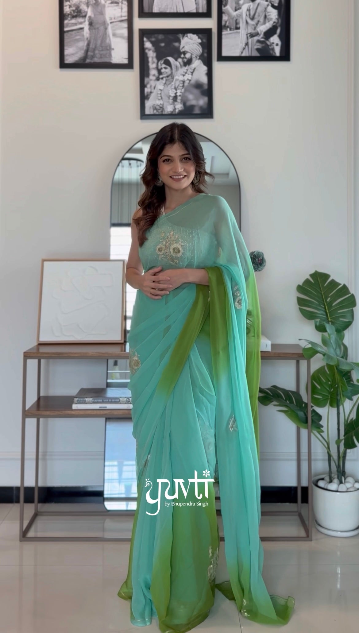 Green Blue Shaded Colour Visocse Chiffon Aari Tari Sequins Cutwork Saree