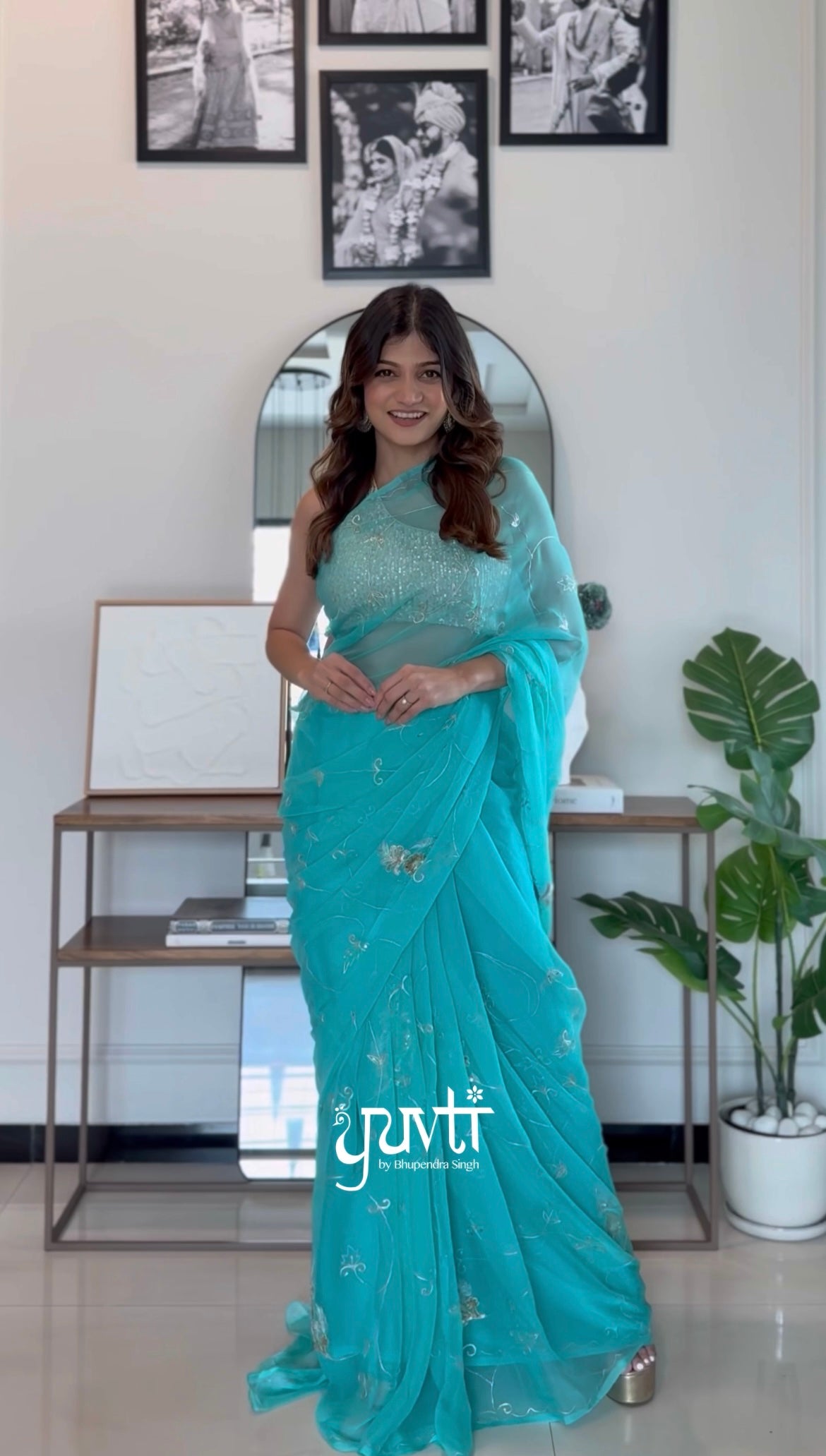 Blue Colour Viscose Chiffon Aari Sequins Work Saree