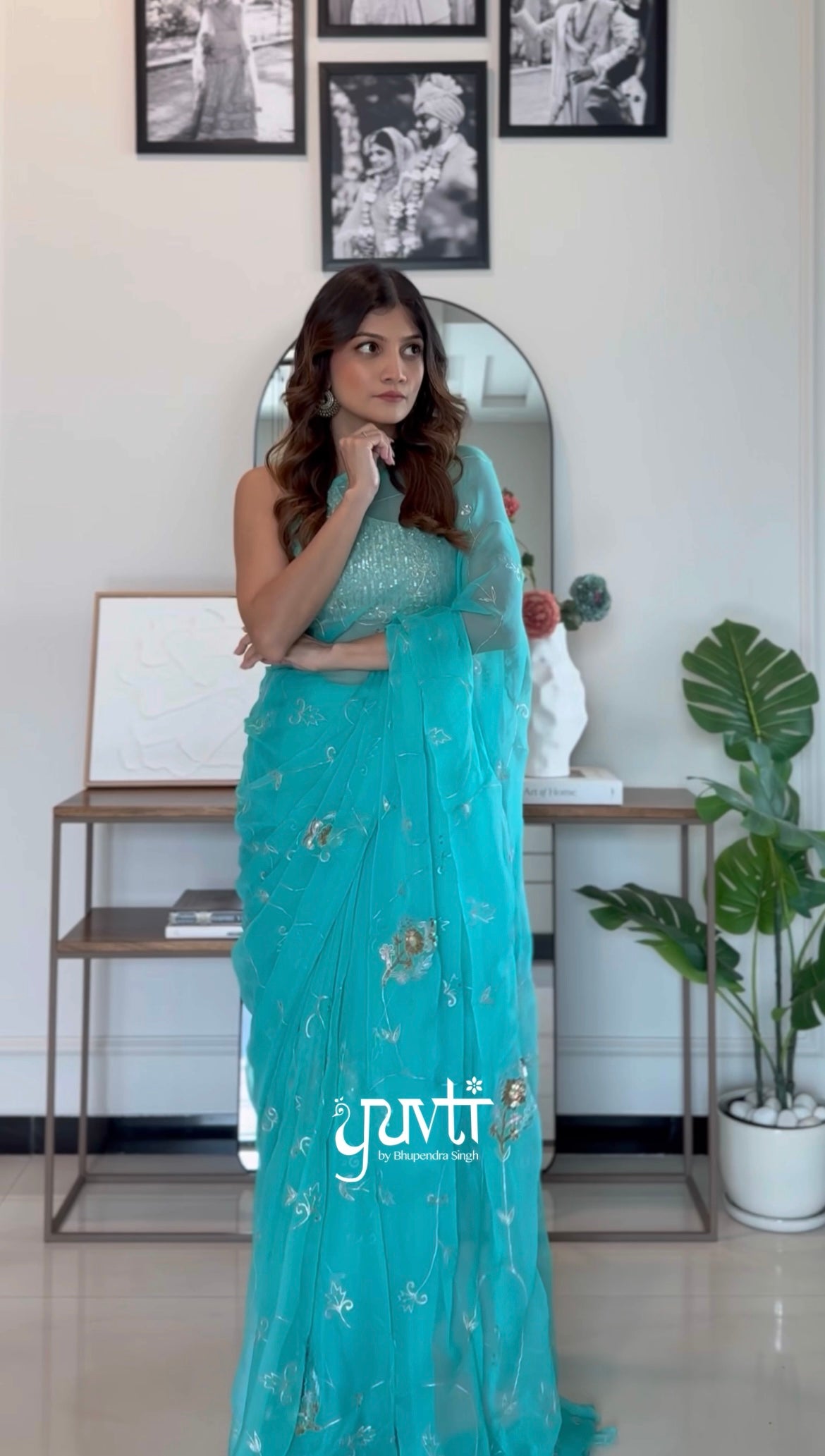 Blue Colour Viscose Chiffon Aari Sequins Work Saree