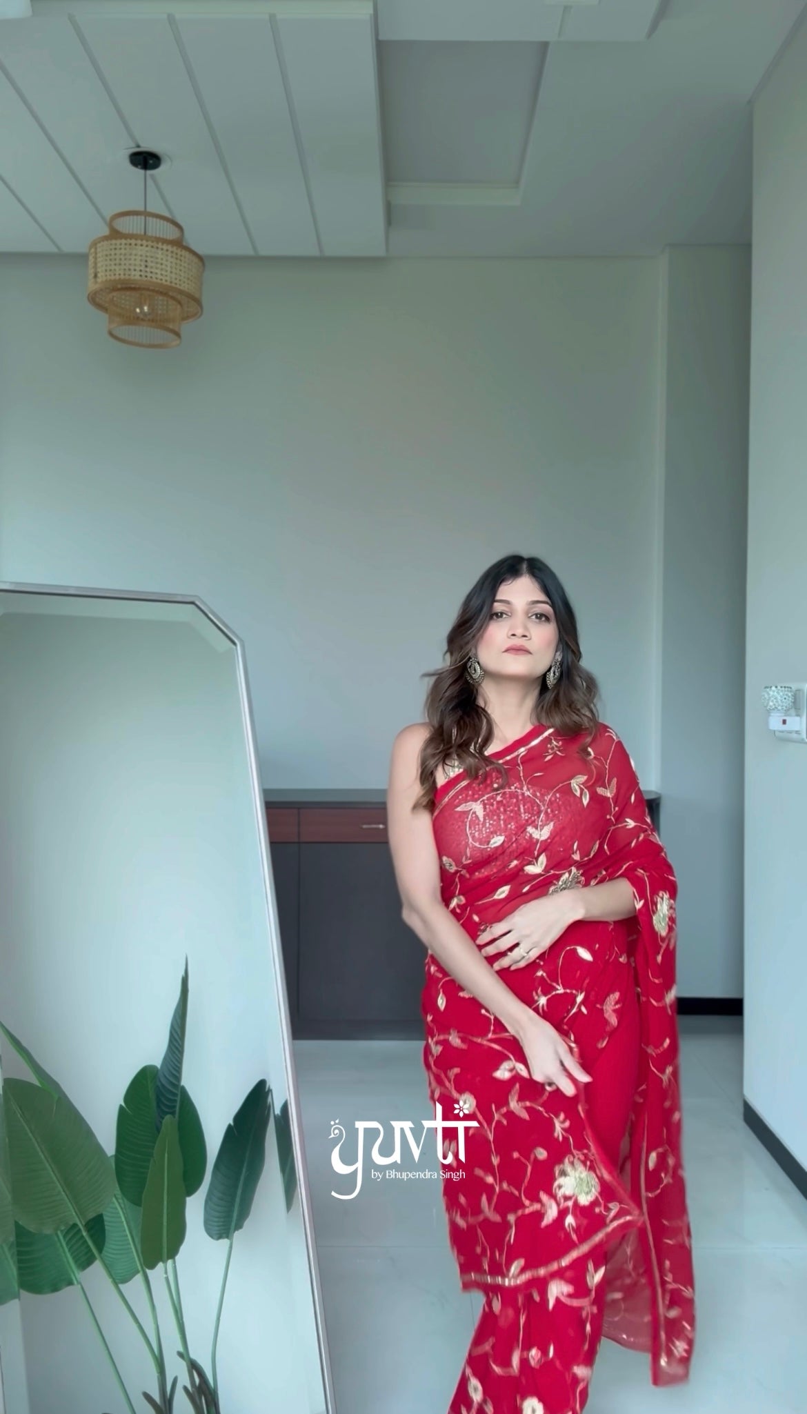 Red Colour Pure Chiffon Aari Sequins Jaal Work Saree