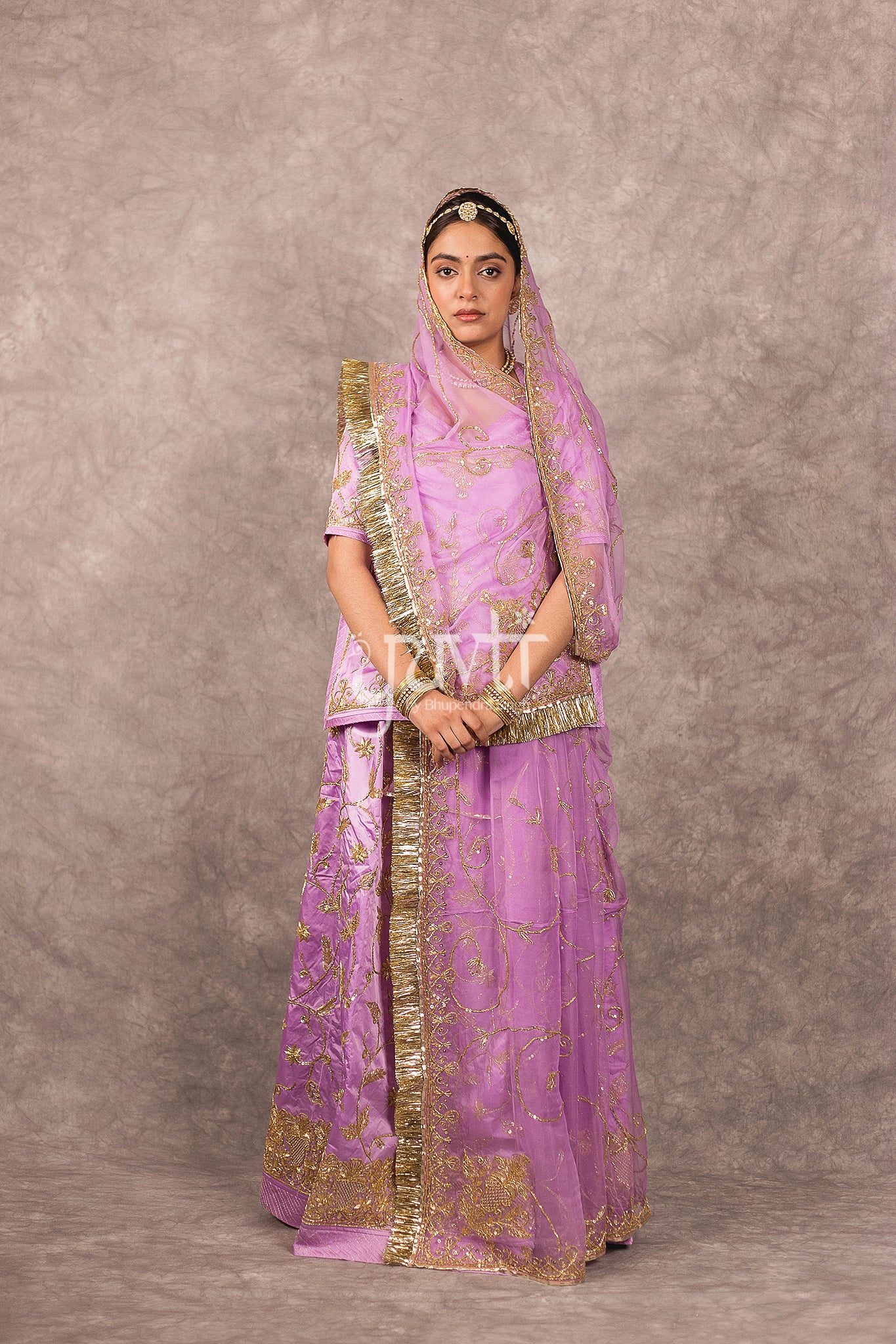 Lavender bamber satin Zardosi Dori Dabka  Handwork Rajputi Poshak  with Pure odhna