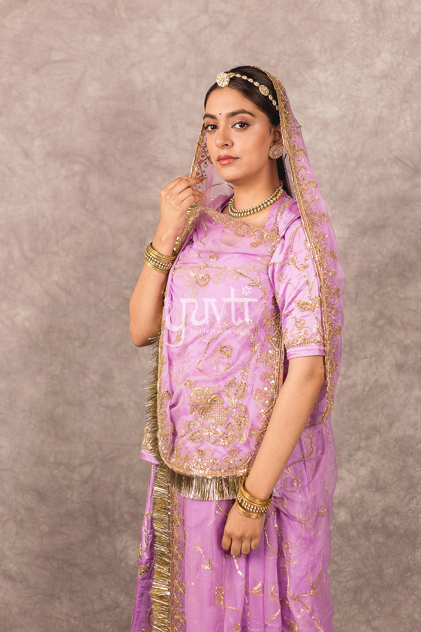 Lavender bamber satin Zardosi Dori Dabka  Handwork Rajputi Poshak  with Pure odhna