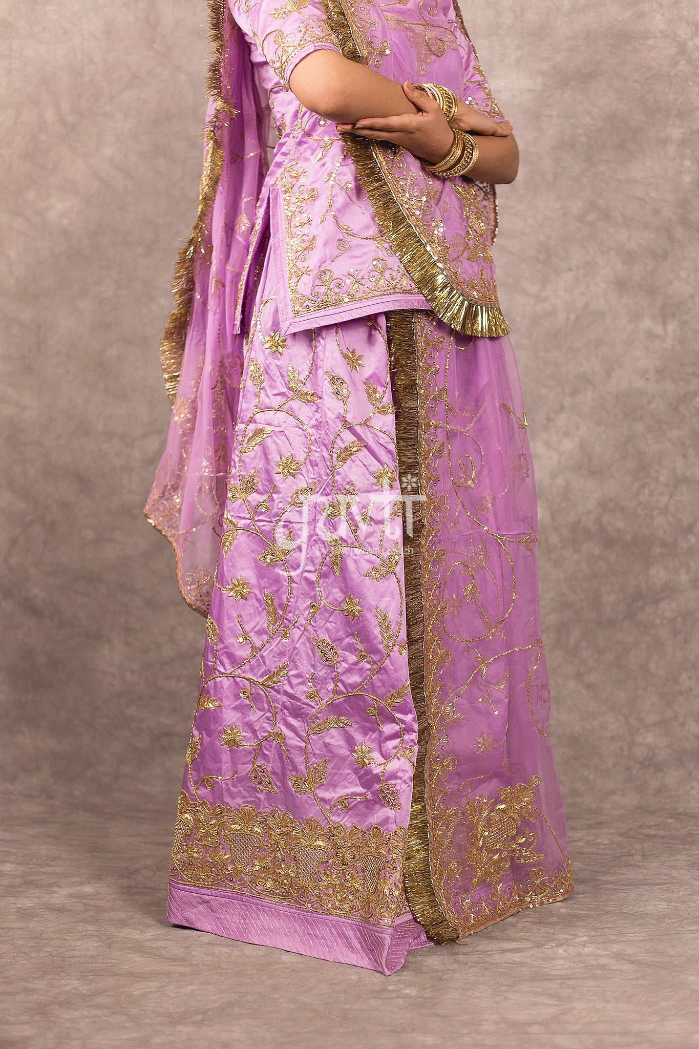Lavender bamber satin Zardosi Dori Dabka  Handwork Rajputi Poshak  with Pure odhna