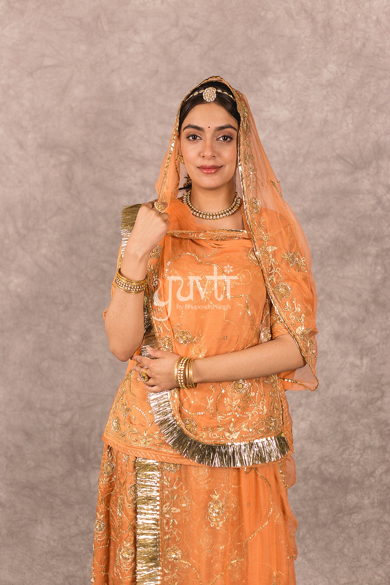 Rust Orange Pure Tissue Zardosi work Rajputi Poshak