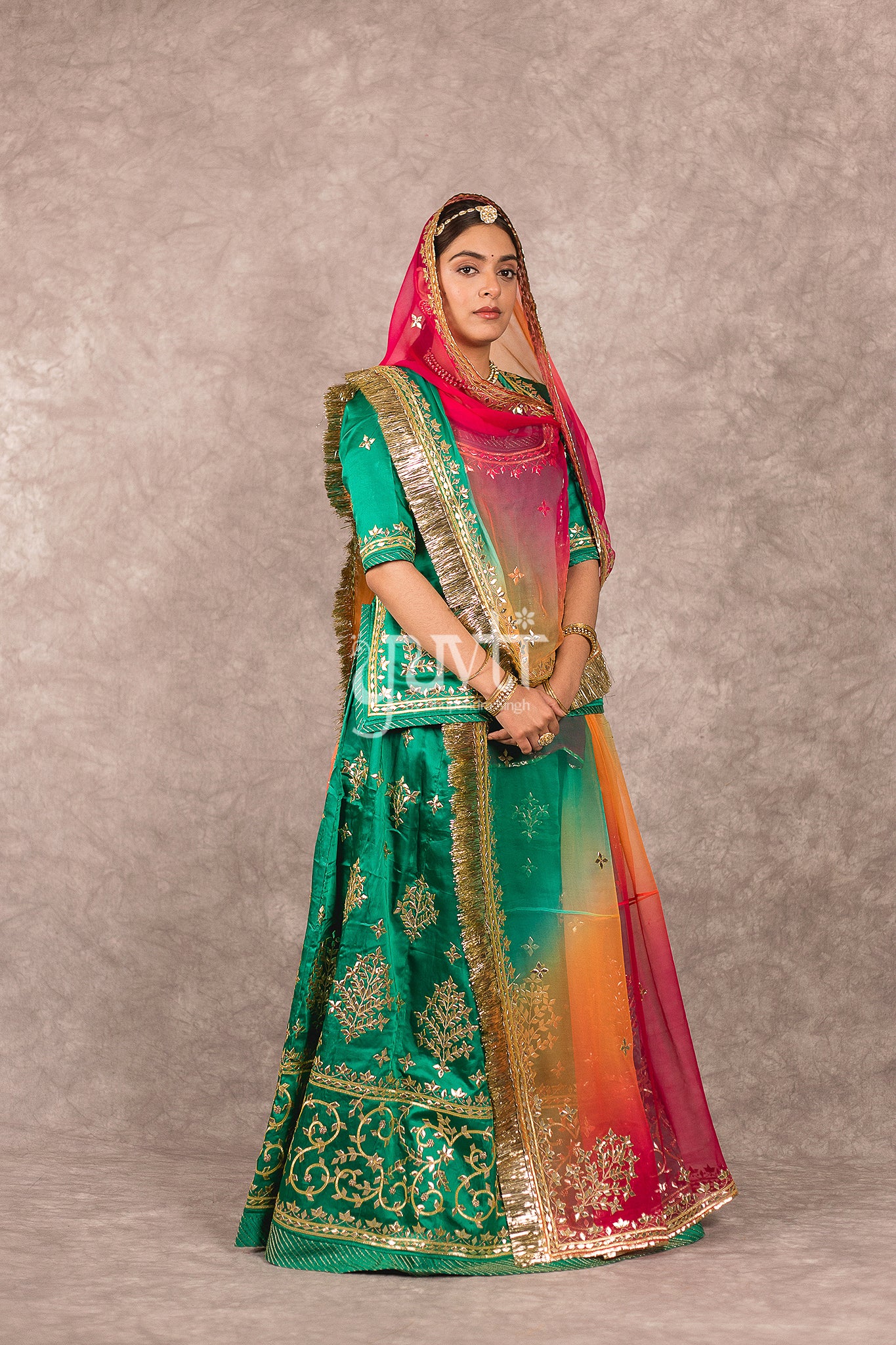 Green Bamber Satin Gota Patti Handwork Rajputi Poshak