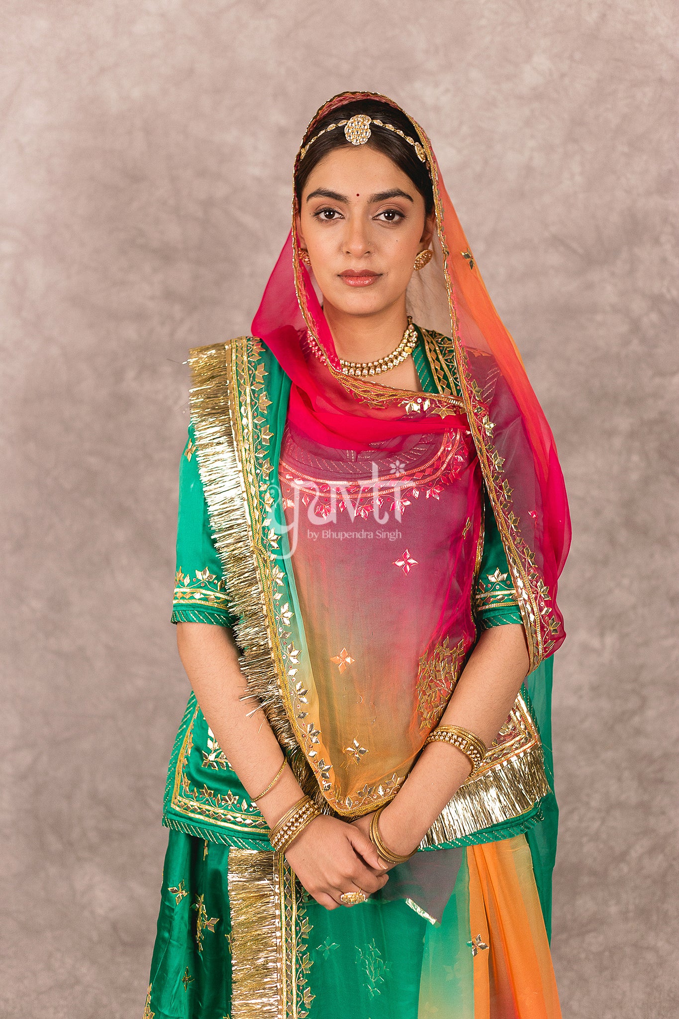 Green Bamber Satin Gota Patti Handwork Rajputi Poshak