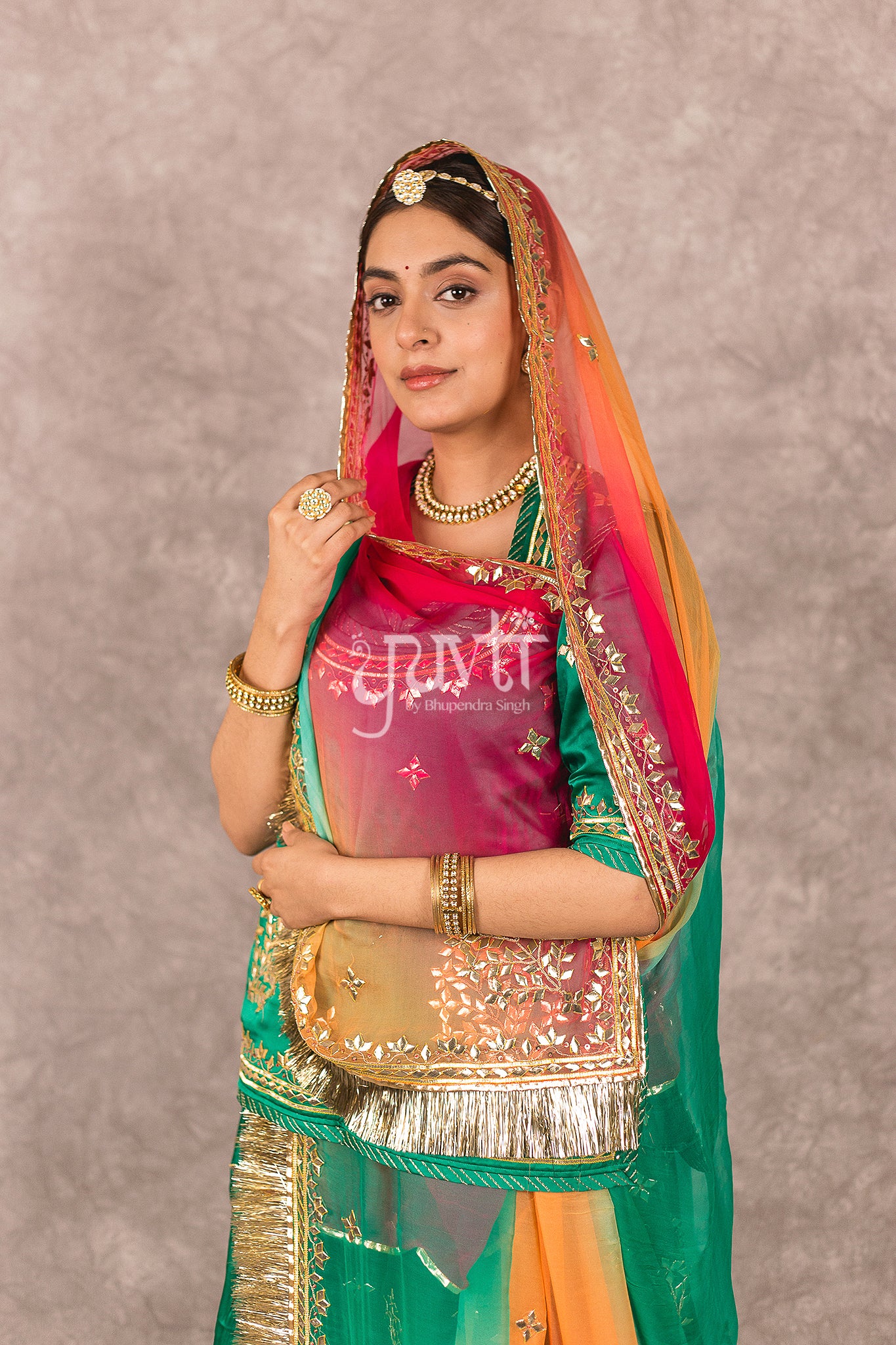 Green Bamber Satin Gota Patti Handwork Rajputi Poshak