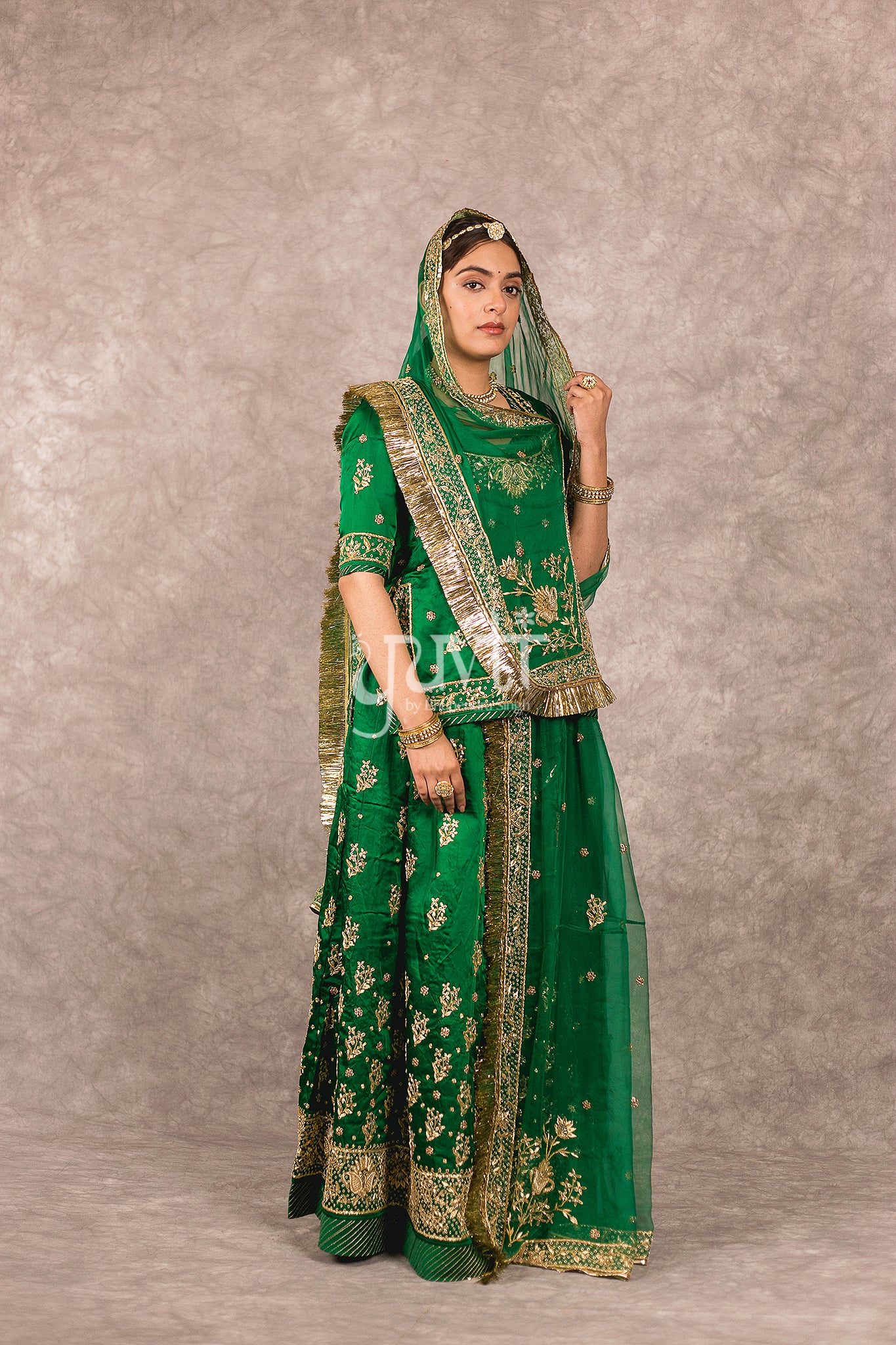 Bottle Green  bamber satin Zardosi  Handwork Rajputi Poshak  with Pure odhna