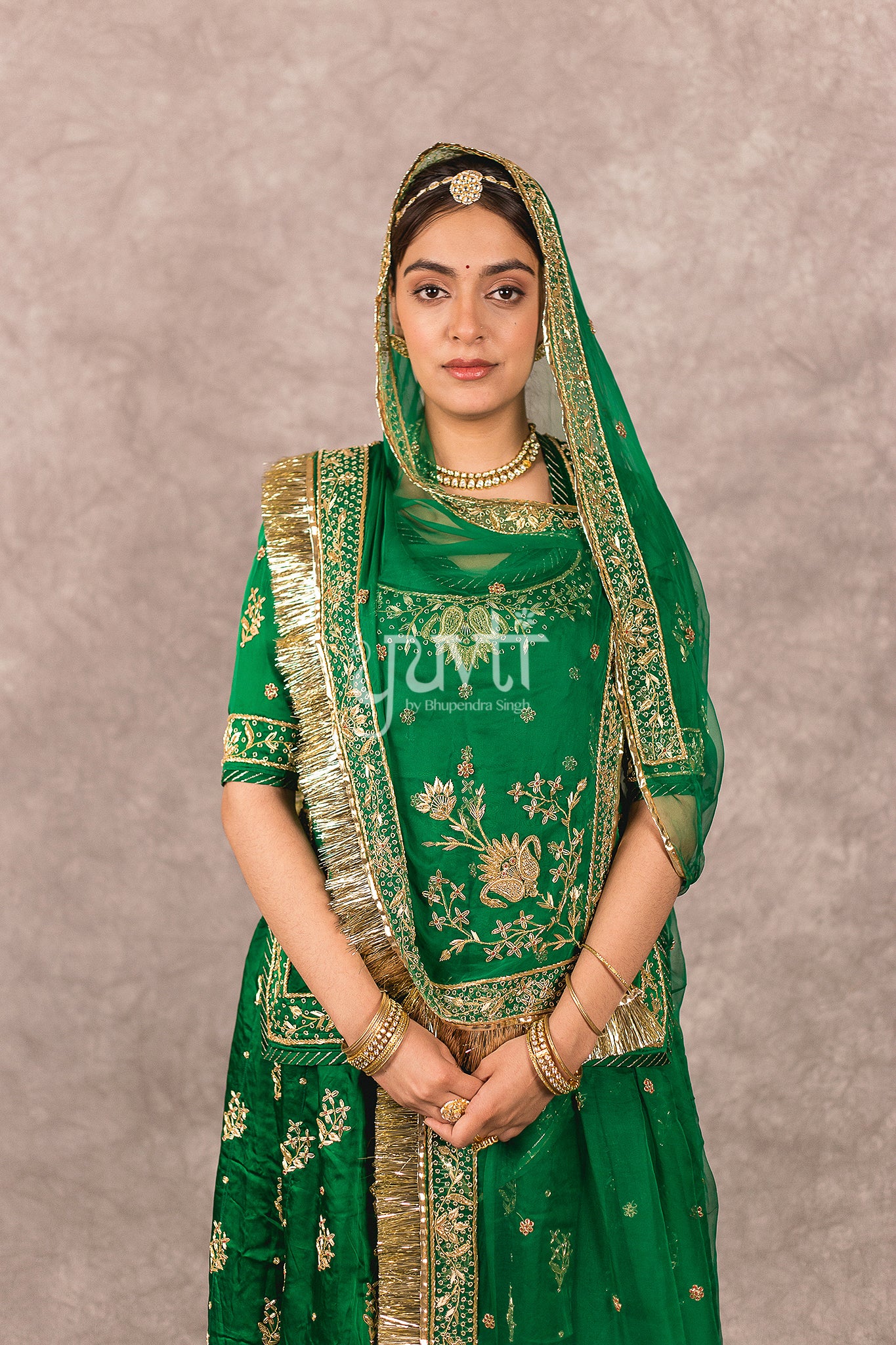 Bottle Green  bamber satin Zardosi  Handwork Rajputi Poshak  with Pure odhna