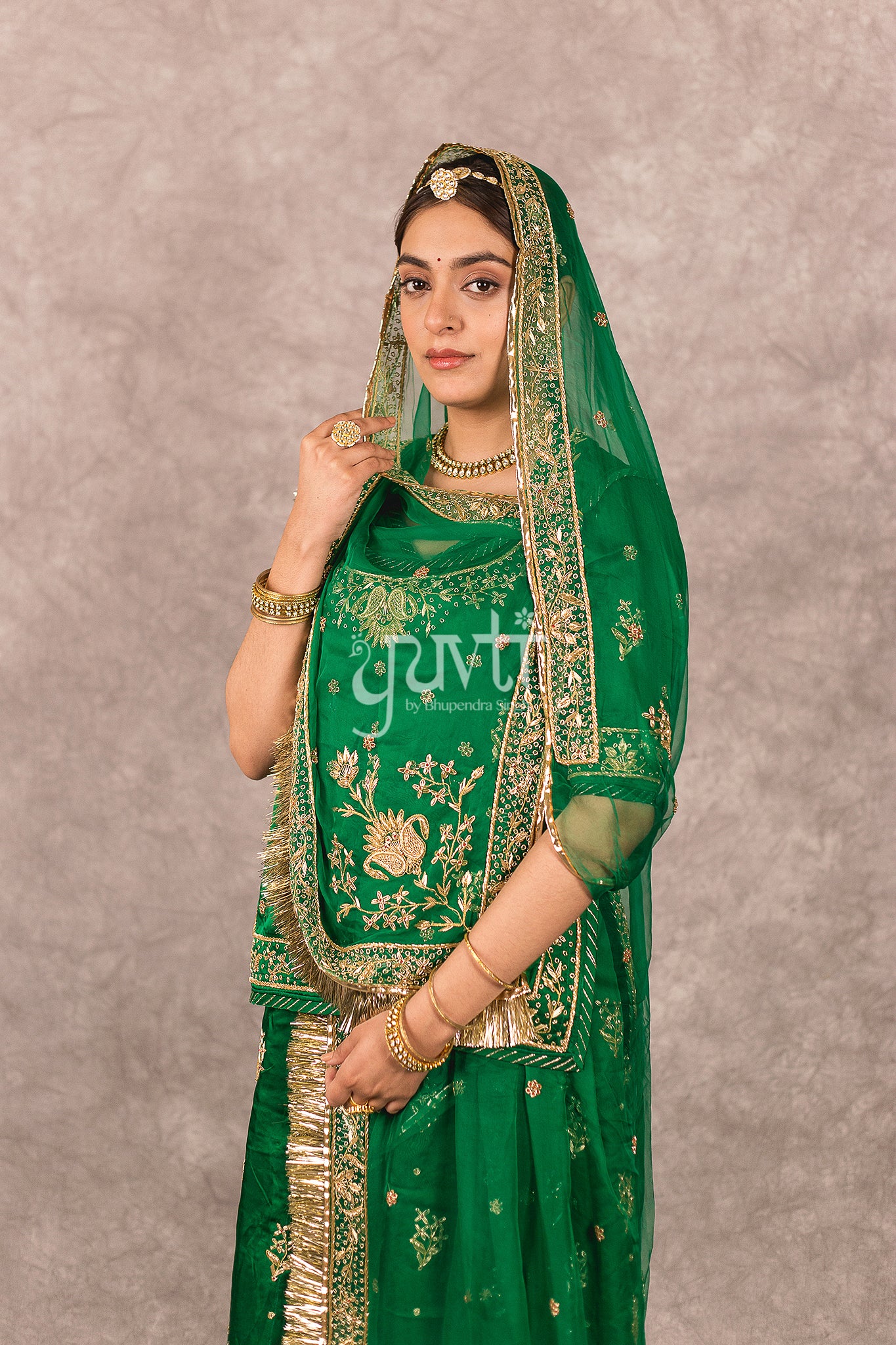 Bottle Green  bamber satin Zardosi  Handwork Rajputi Poshak  with Pure odhna