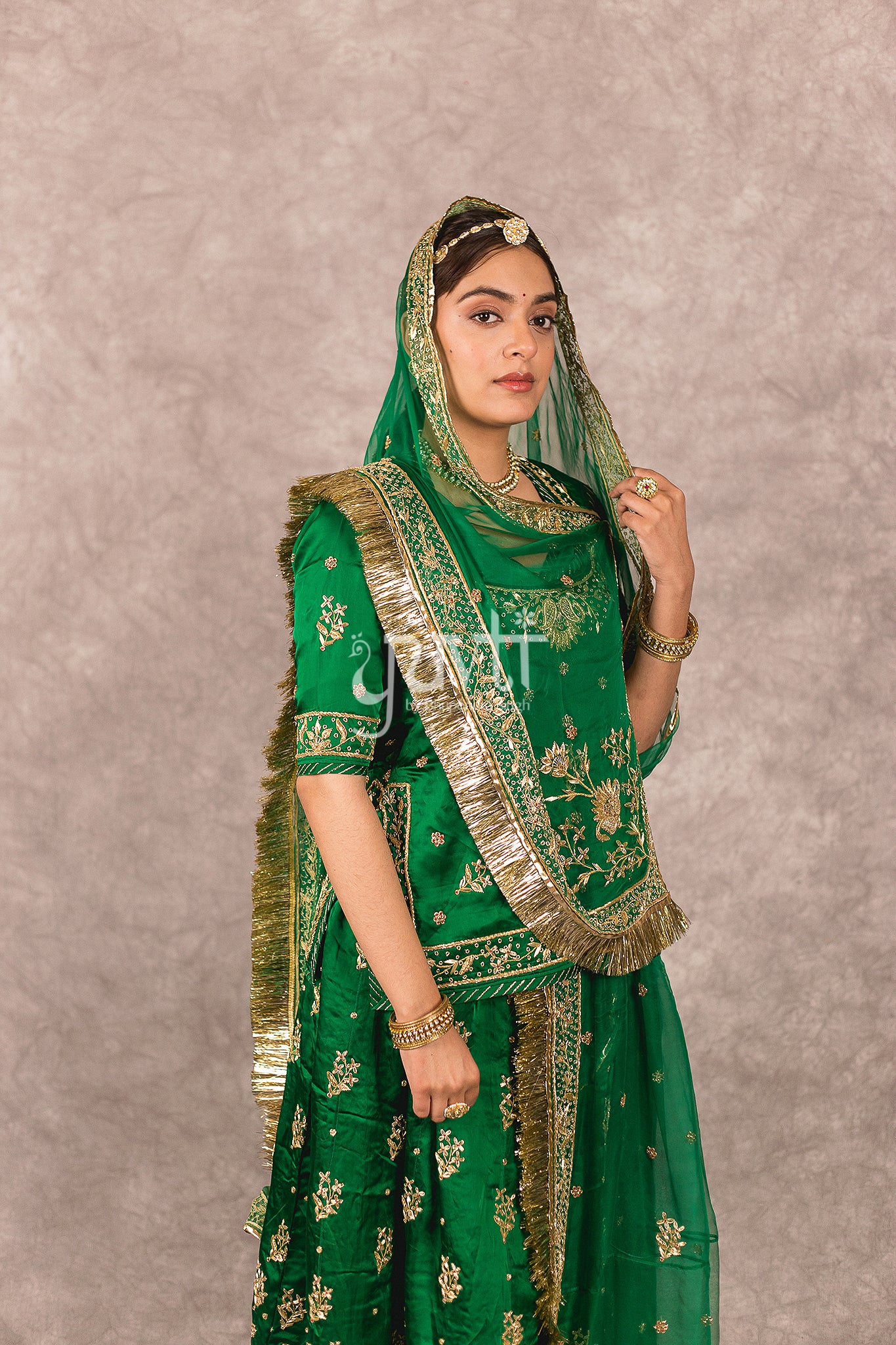 Bottle Green  bamber satin Zardosi  Handwork Rajputi Poshak  with Pure odhna
