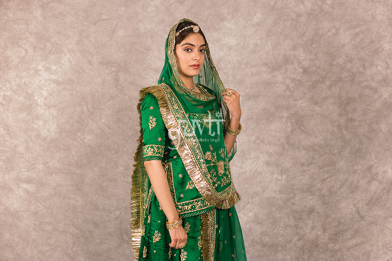 Bottle Green  bamber satin Zardosi  Handwork Rajputi Poshak  with Pure odhna