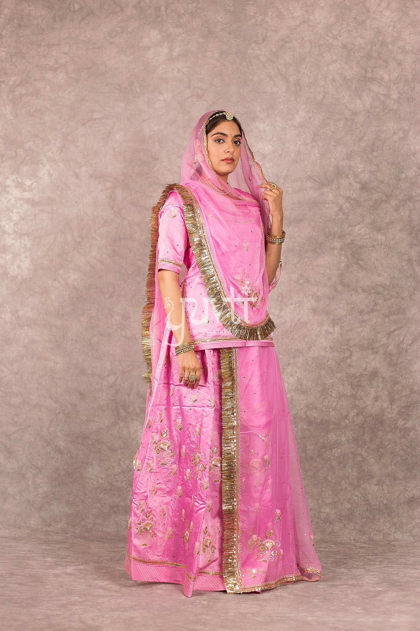 Pink bamber satin Aari Zardosi Handwork Rajputi Poshak  with Pure odhna