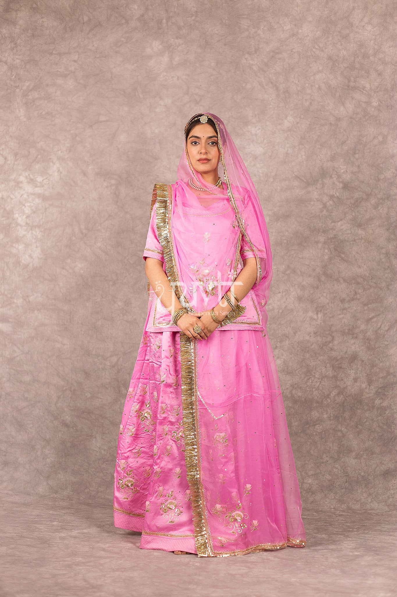Pink bamber satin Aari Zardosi Handwork Rajputi Poshak  with Pure odhna