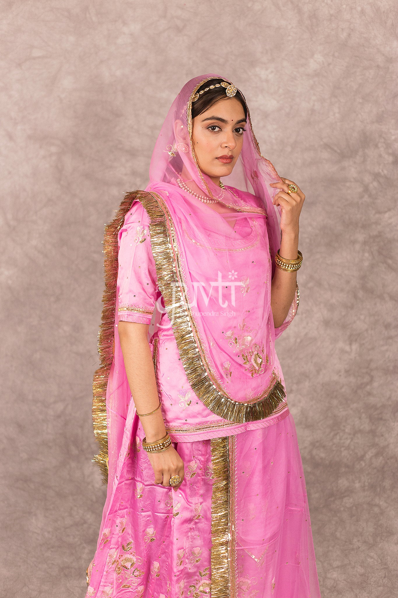 Pink bamber satin Aari Zardosi Handwork Rajputi Poshak  with Pure odhna