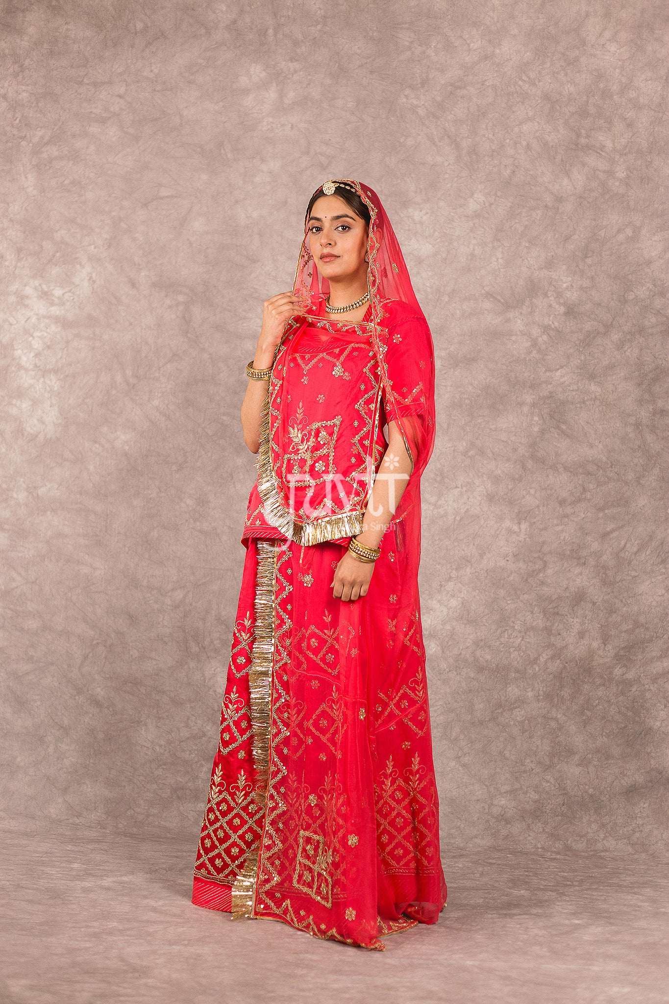 Red Bamber Satin Zardosi Sequins Highlight work Rajputi Poshak