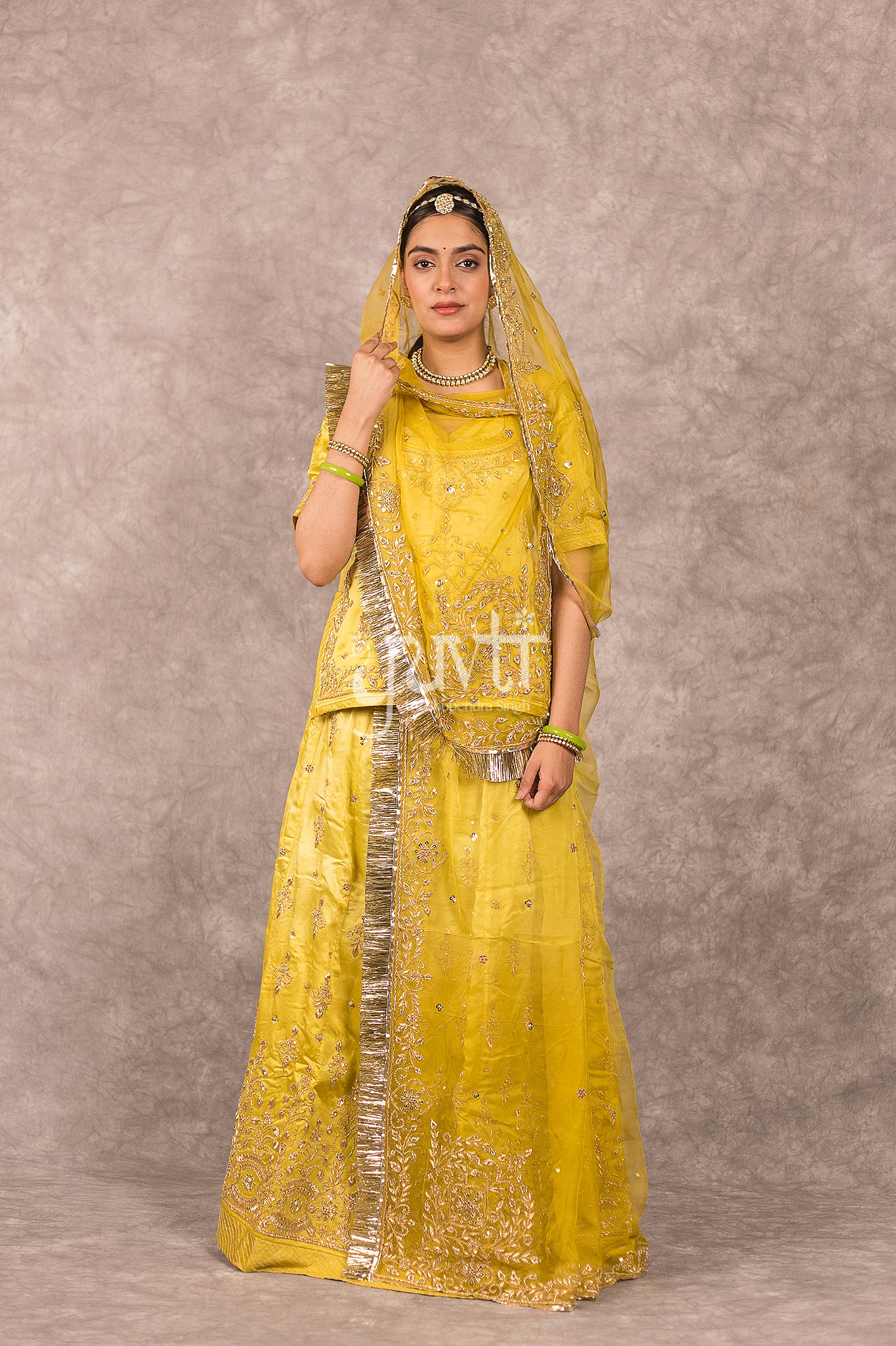 Golden Yellow Ombre bamber satin Zardosi Handwork Rajputi Poshak  with Pure odhna