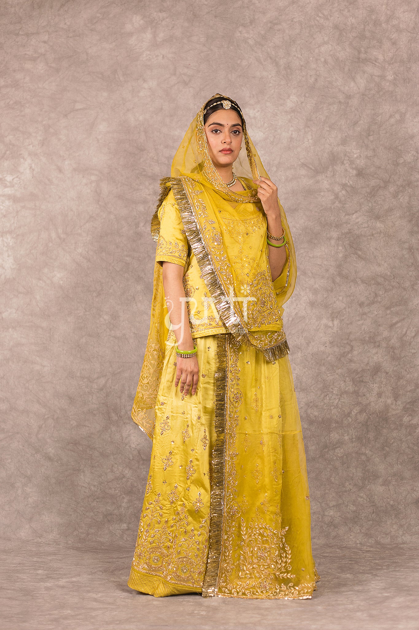 Golden Yellow Ombre bamber satin Zardosi Handwork Rajputi Poshak  with Pure odhna