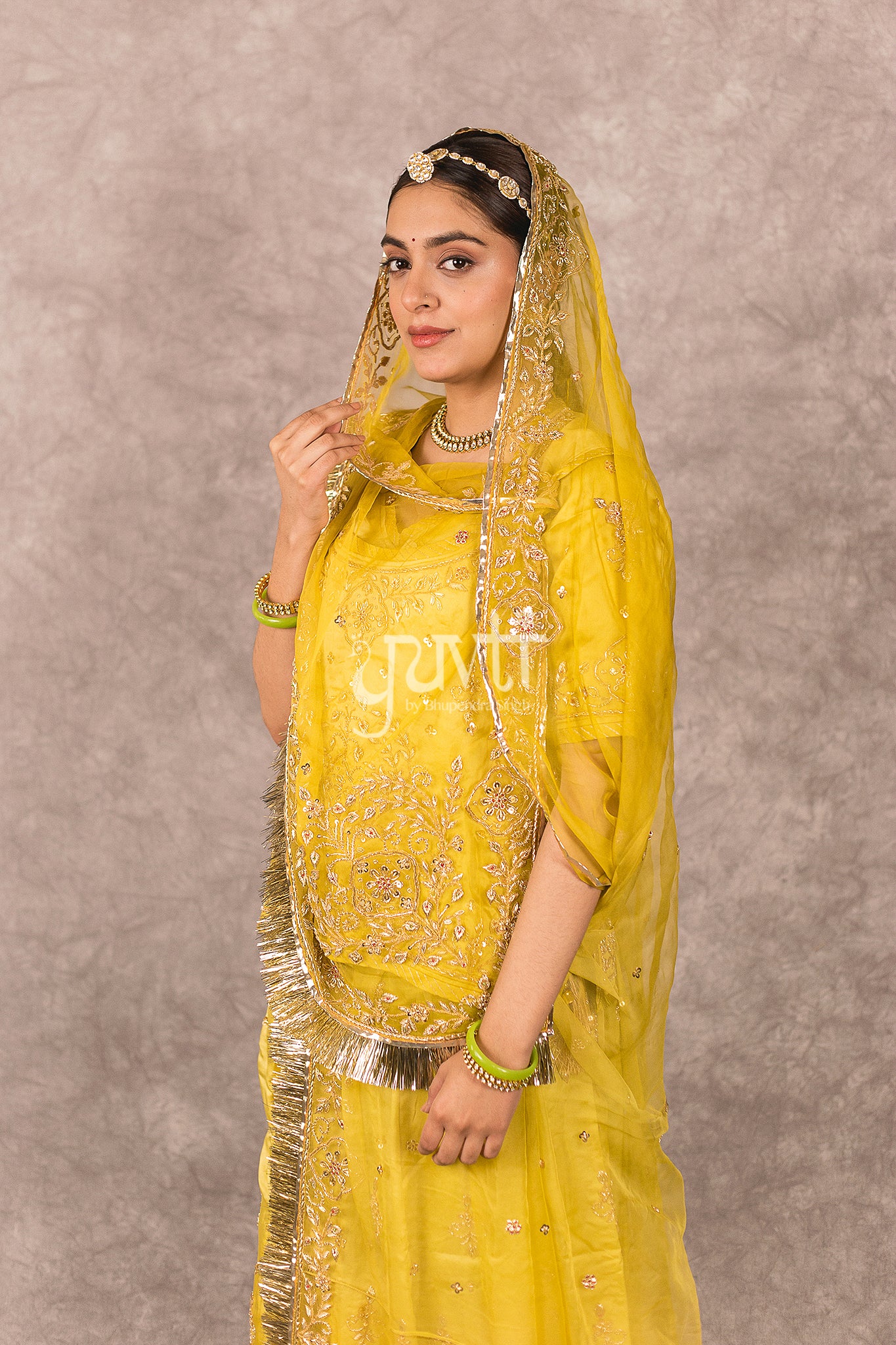 Golden Yellow Ombre bamber satin Zardosi Handwork Rajputi Poshak  with Pure odhna