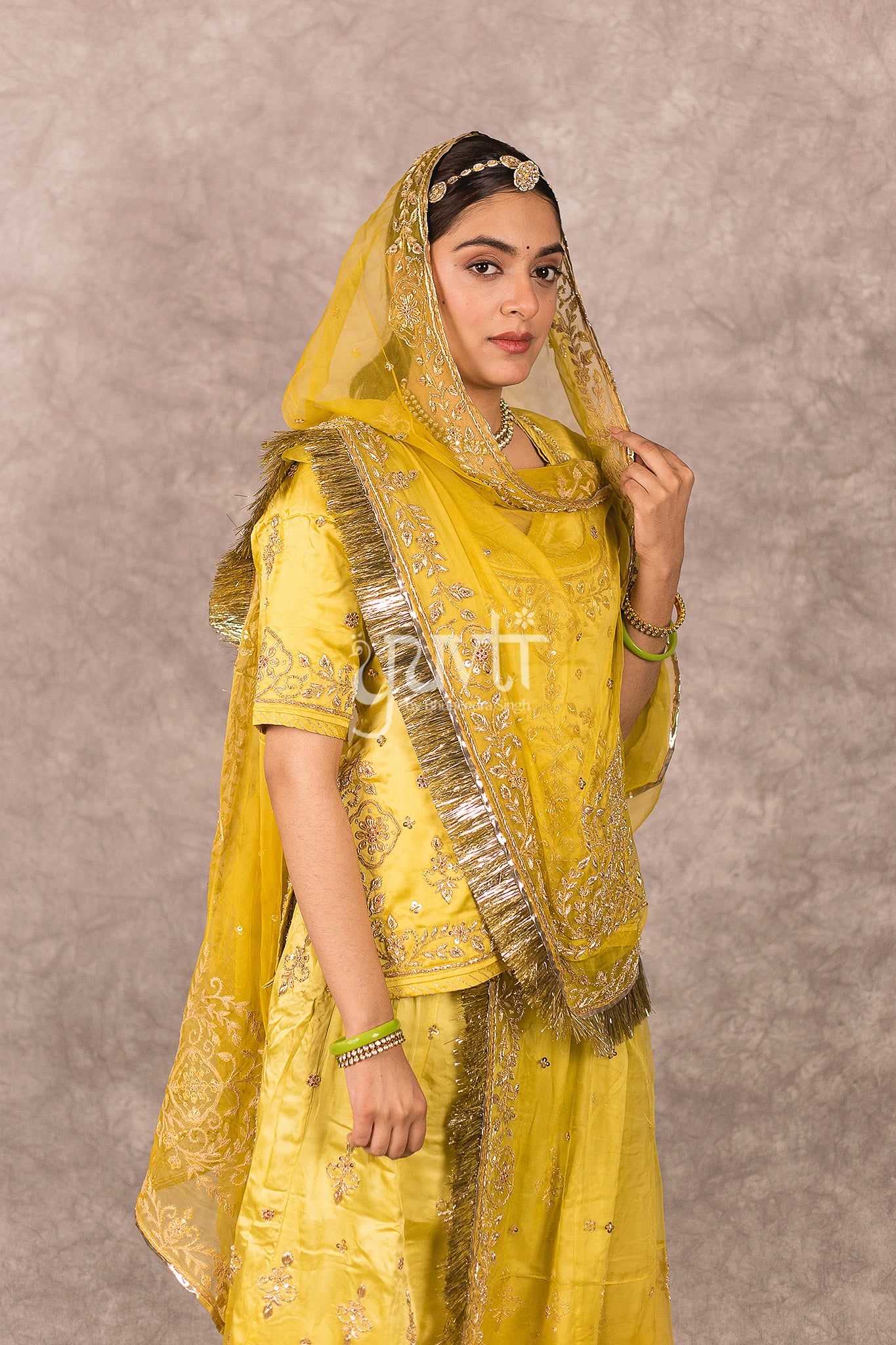 Golden Yellow Ombre bamber satin Zardosi Handwork Rajputi Poshak  with Pure odhna