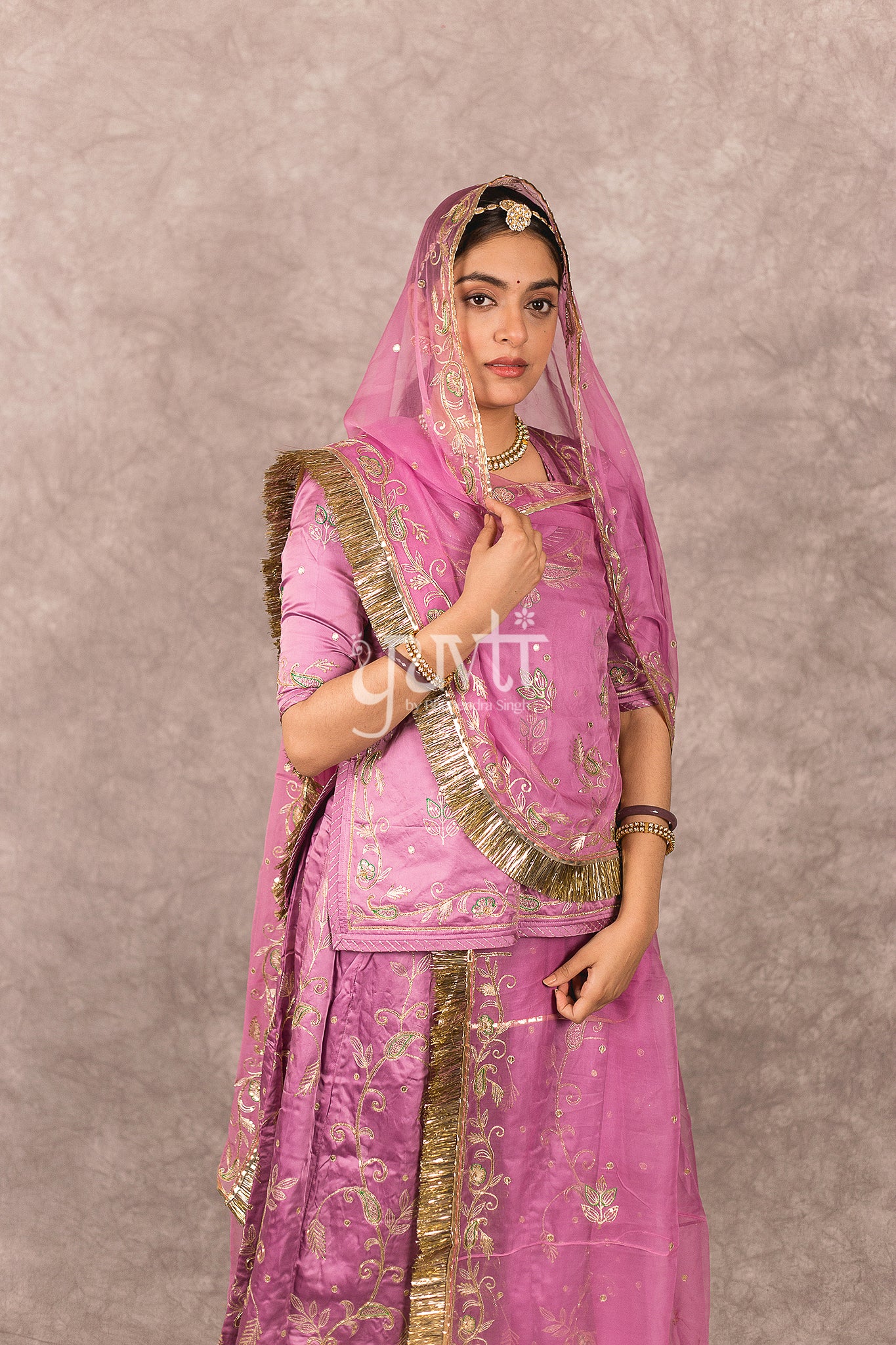 Lavender Bamber Satin Aari Salma Work Rajputi Poshak
