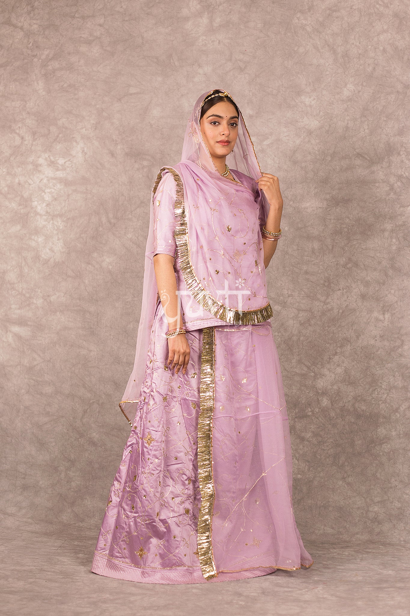 Lavender Bamber Satin Aari Sequins Jaal work Rajputi Poshak