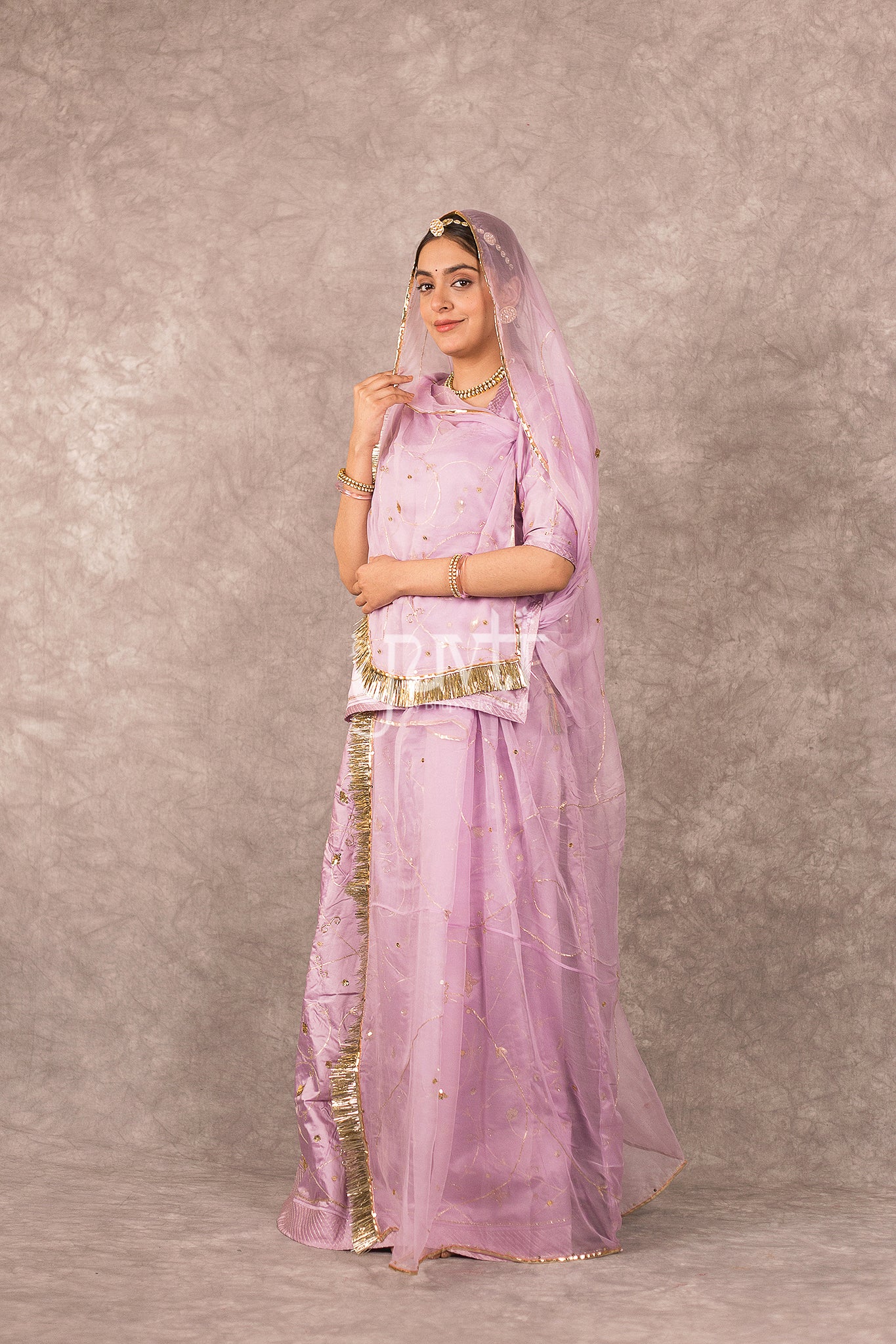 Lavender Bamber Satin Aari Sequins Jaal work Rajputi Poshak