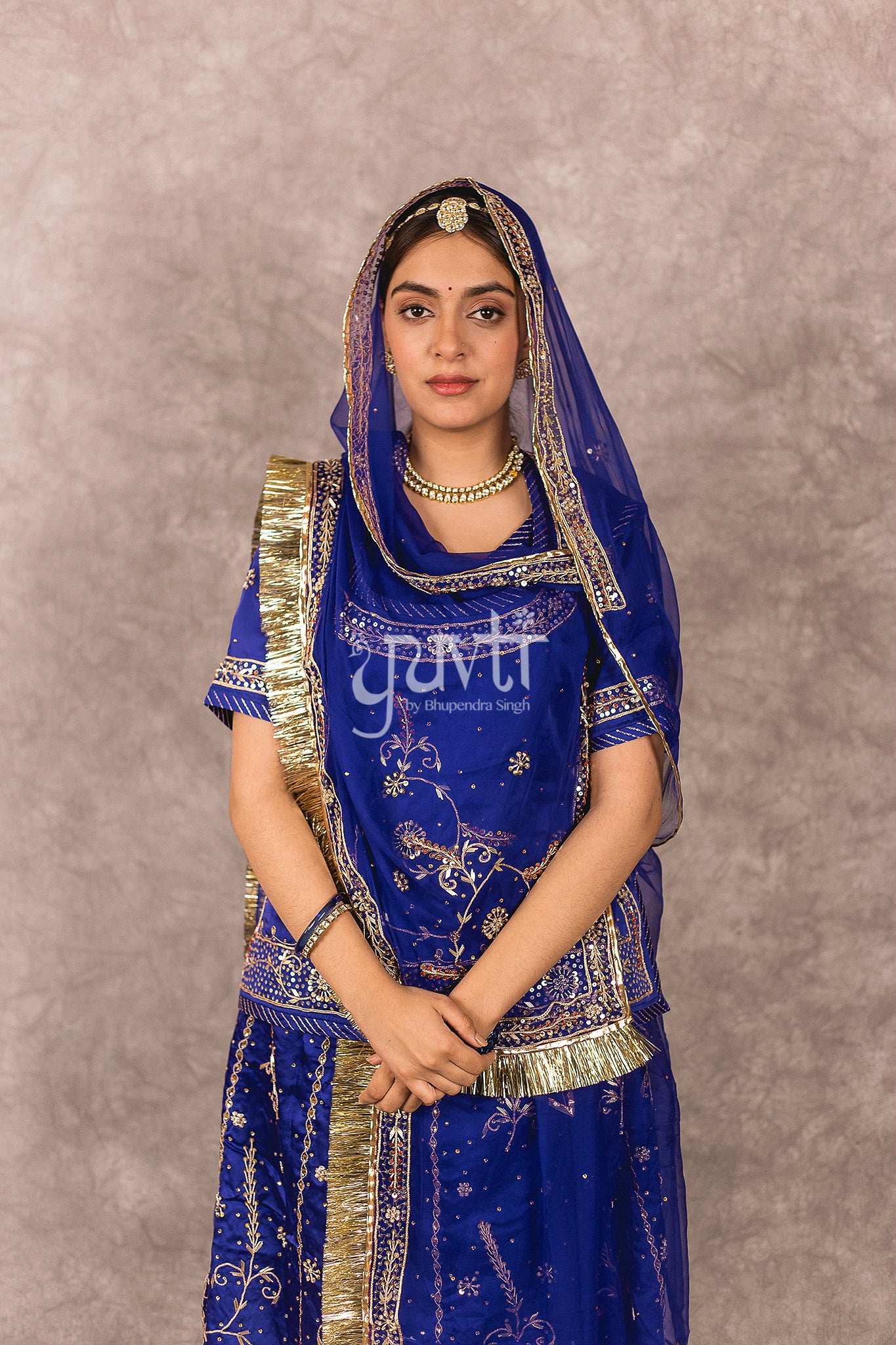Blue Dori Sequins work Bamber Satin Rajputi Poshak