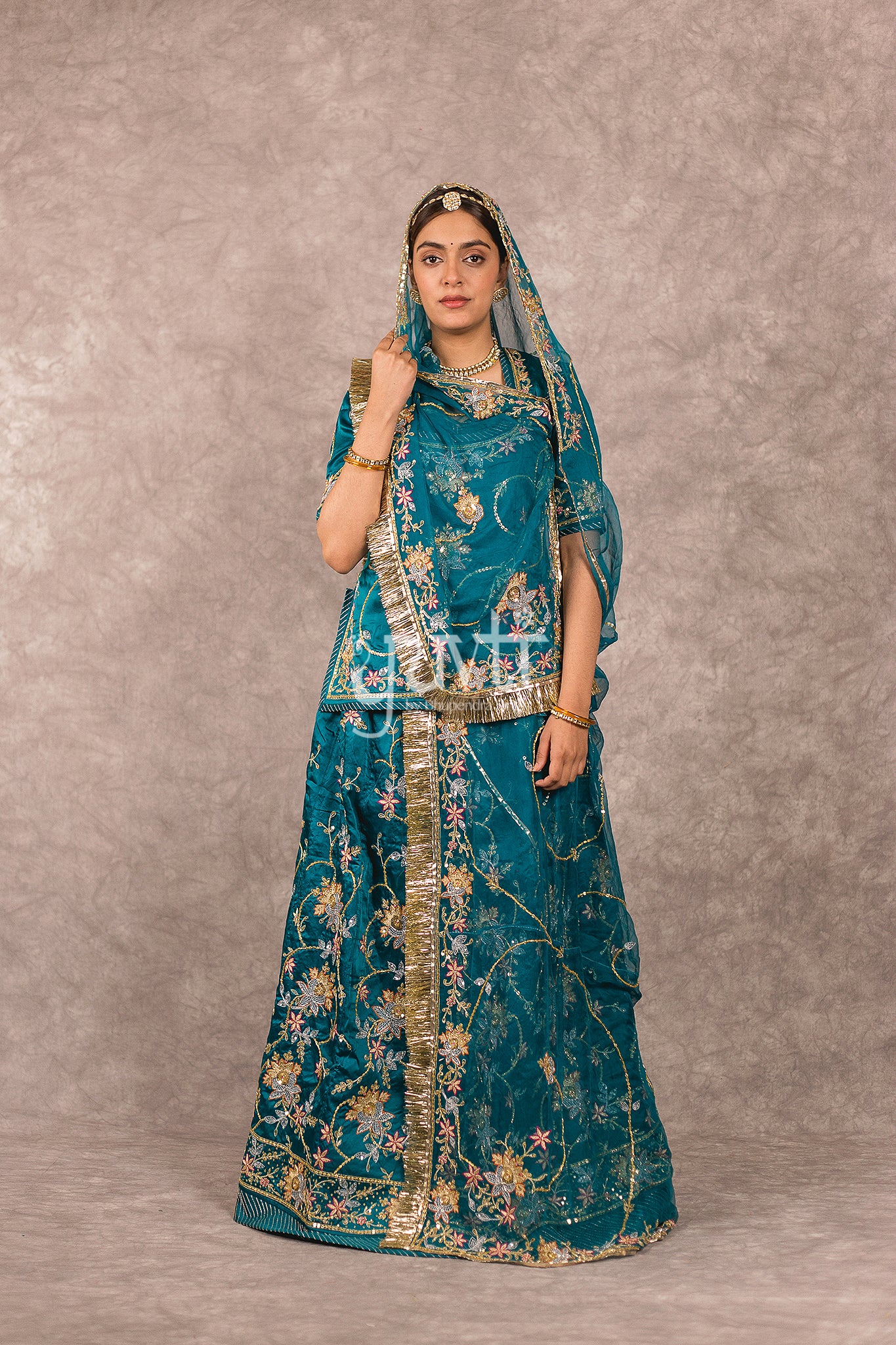 Rama Green bamber satin Aari Resham Sequins Handwork Rajputi Poshak  with Pure odhna