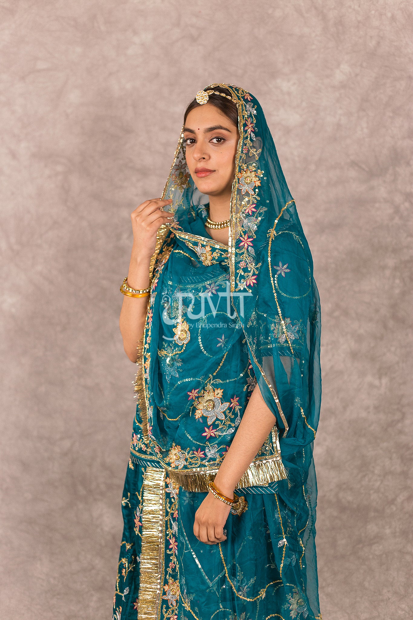 Rama Green bamber satin Aari Resham Sequins Handwork Rajputi Poshak  with Pure odhna