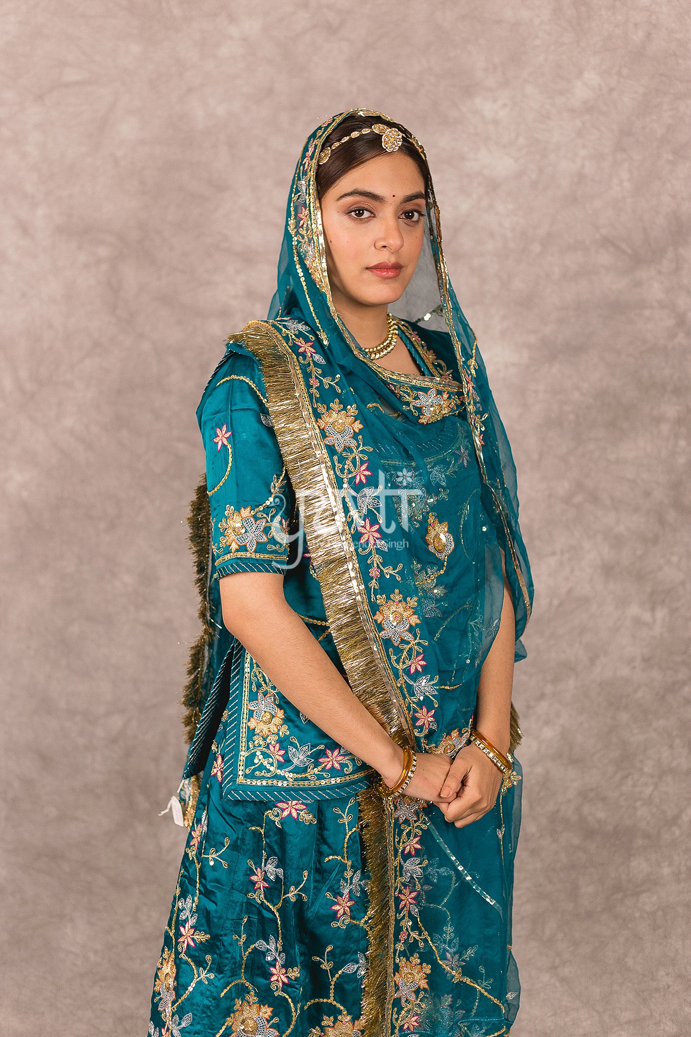 Rama Green bamber satin Aari Resham Sequins Handwork Rajputi Poshak  with Pure odhna