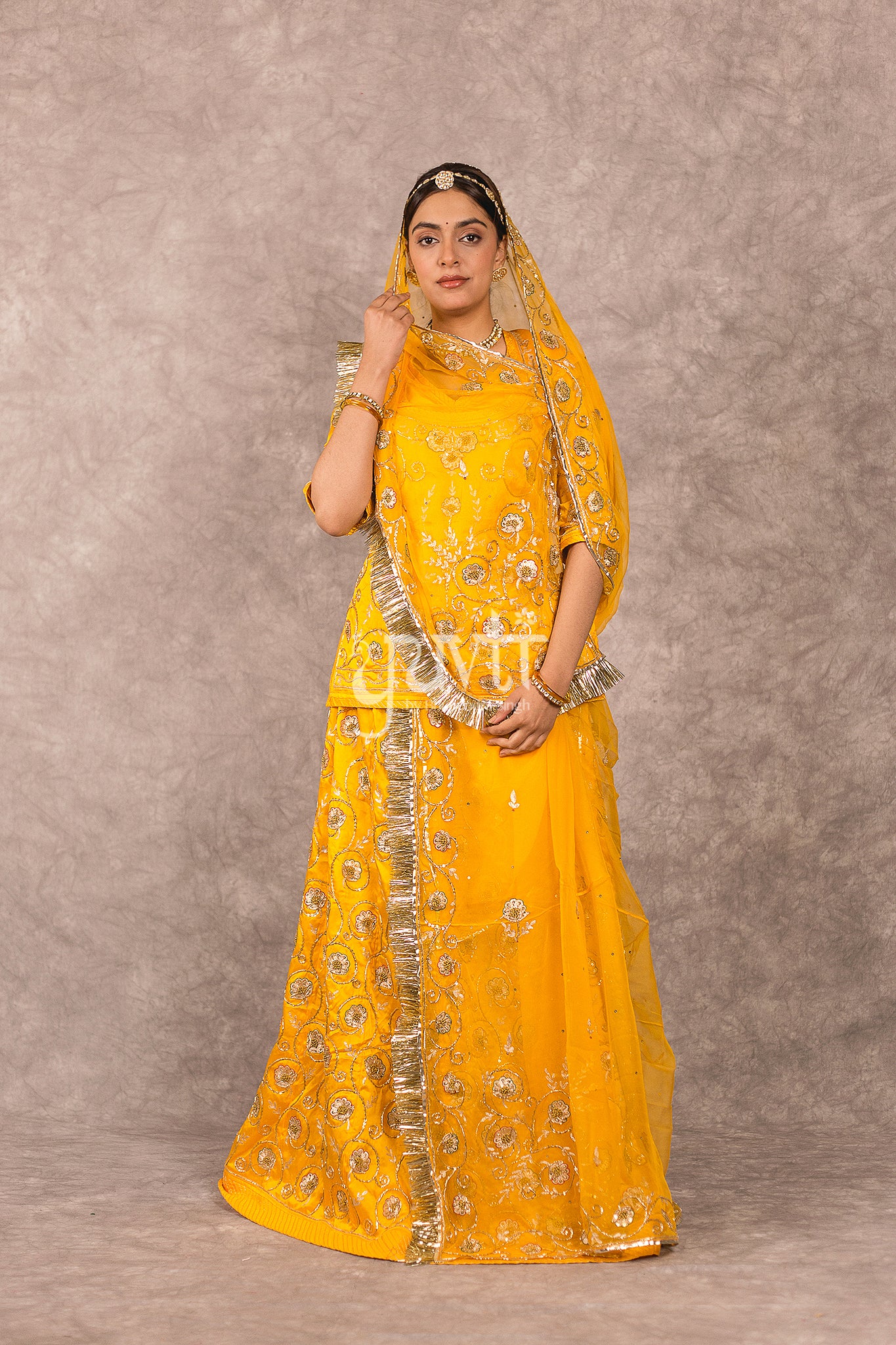 Yellow Aari Sequins Salma Jaal work Bamber satin Rajputi Poshak