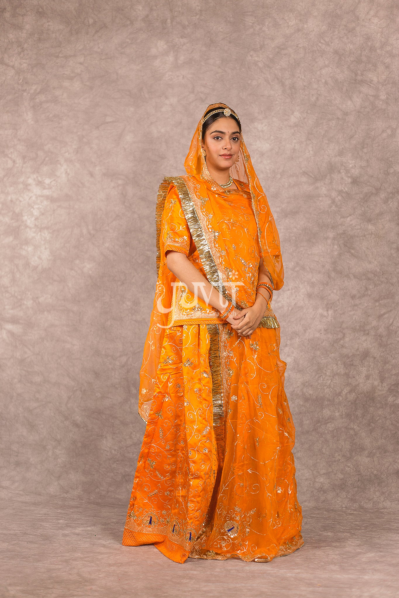 Orange Bamber Satin Aari Sequins Work Rajputi Poshak