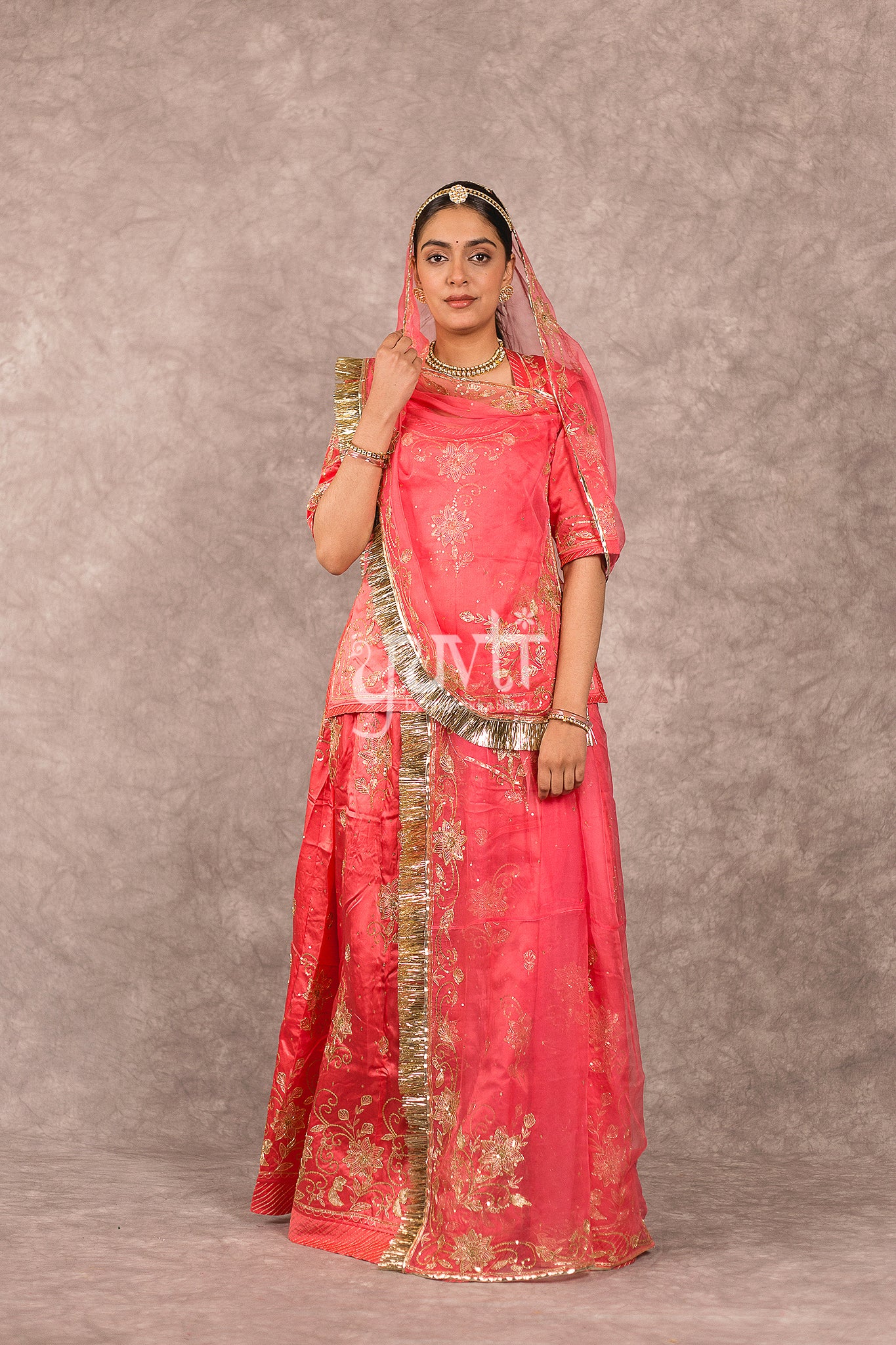 Gajri Pink Bamber Satin Aari Seqins Work Rajputi Poshak